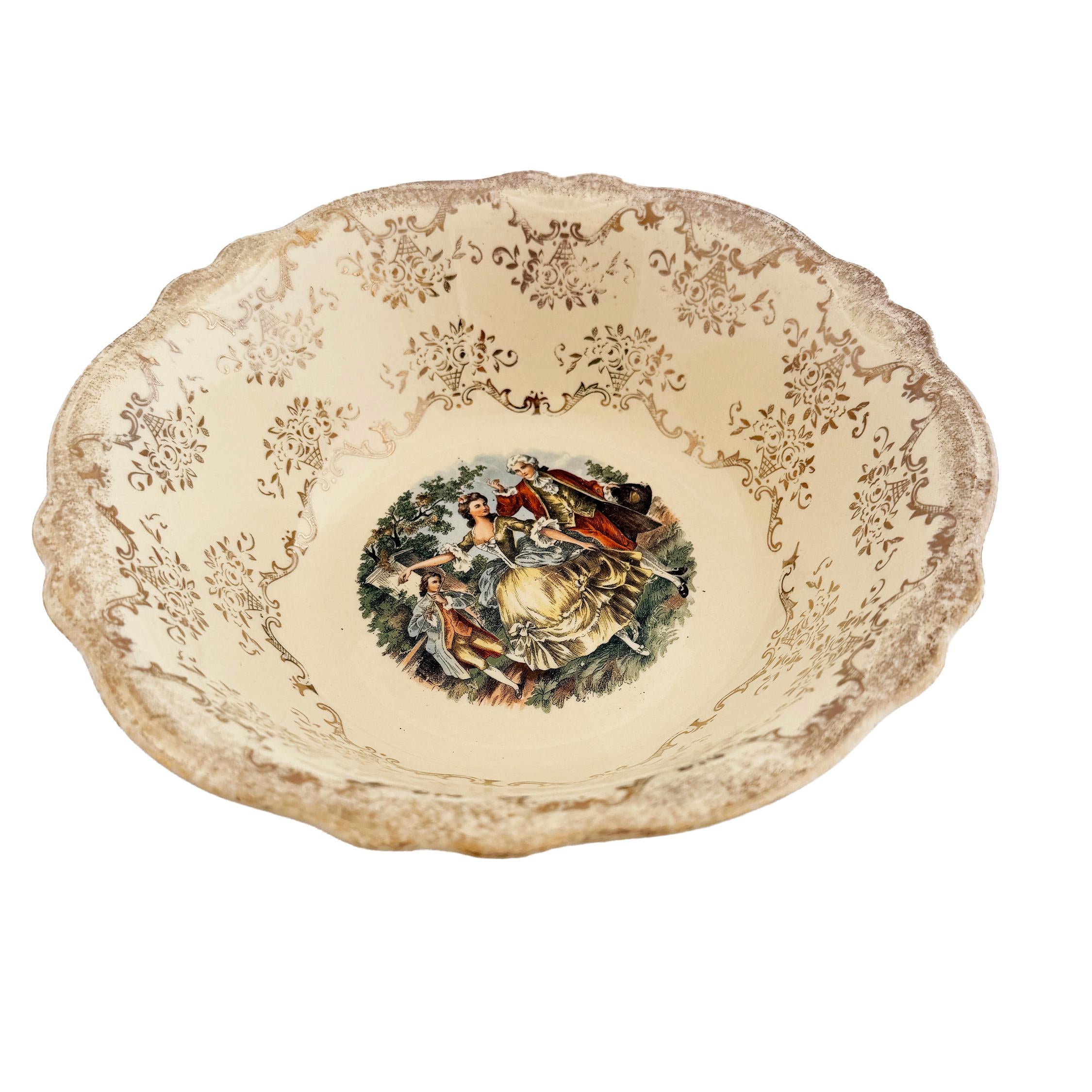 Homer Laughlin Virginia Rose Serving Bowl: 1945 Colonial Couple, 22 KT Gold Trim