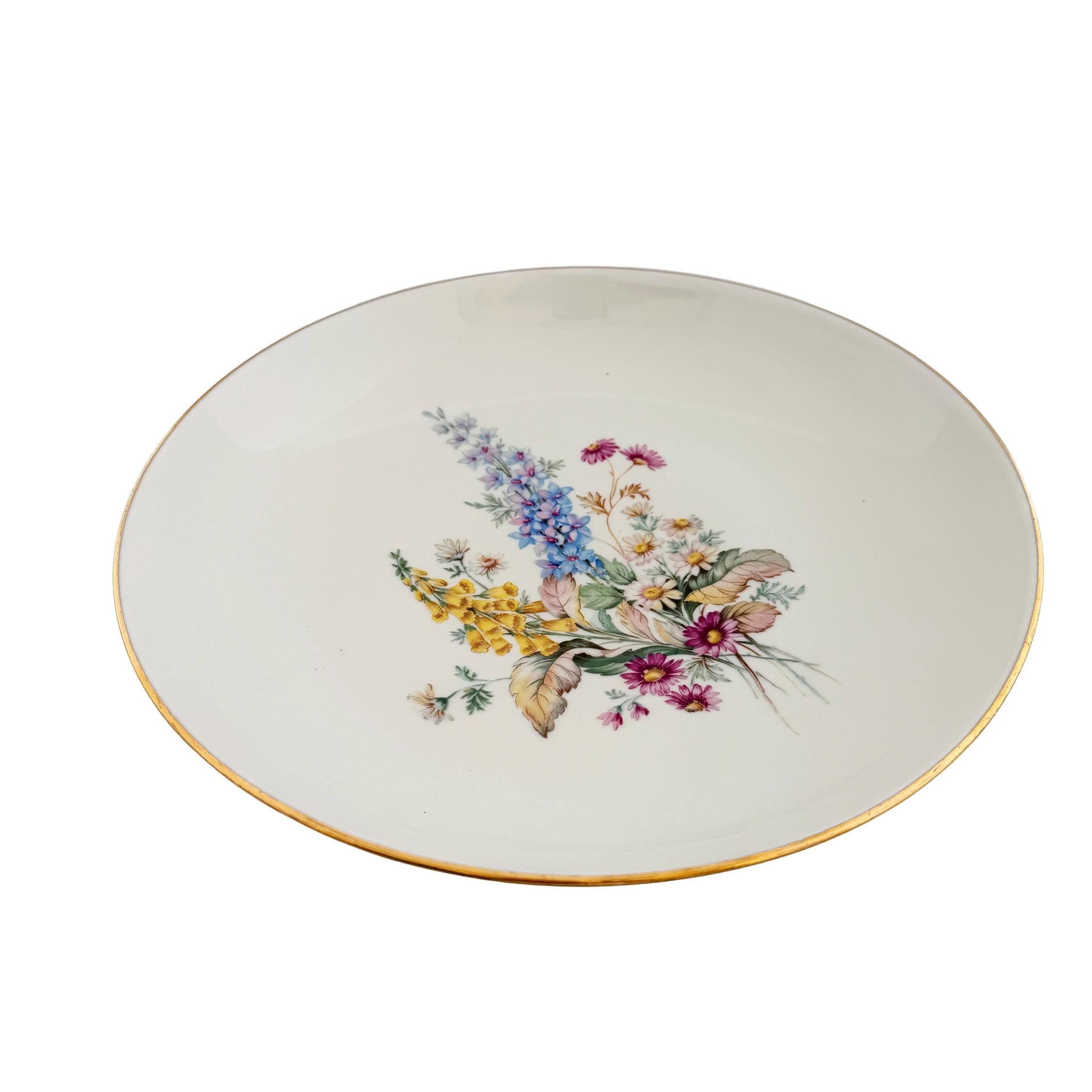 Vintage Veritable Porcelain Wildflower Gold Rim Serving Bowl 11.5"