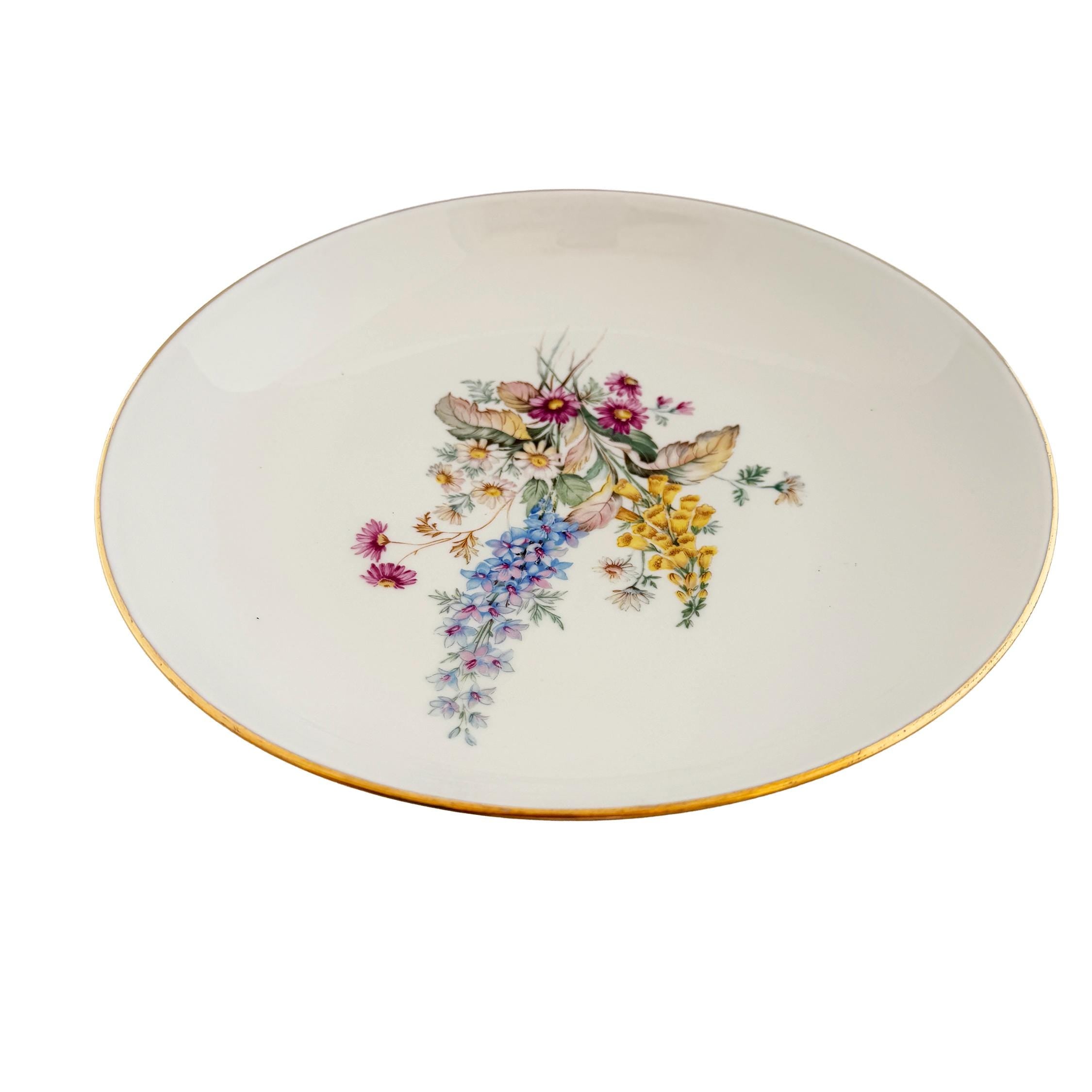 Vintage Veritable Porcelain Wildflower Gold Rim Serving Bowl 11.5"