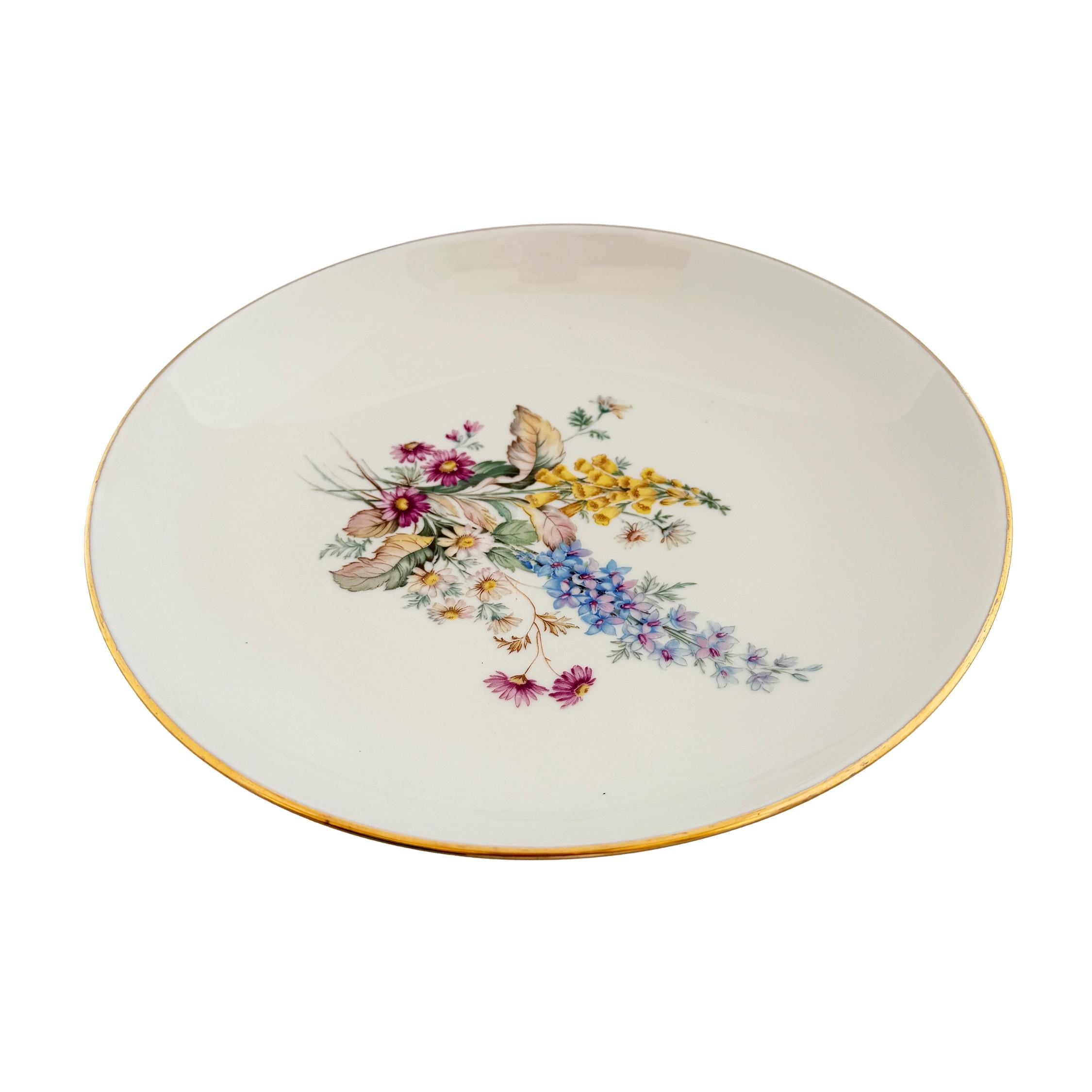 Vintage Veritable Porcelain Wildflower Gold Rim Serving Bowl 11.5"