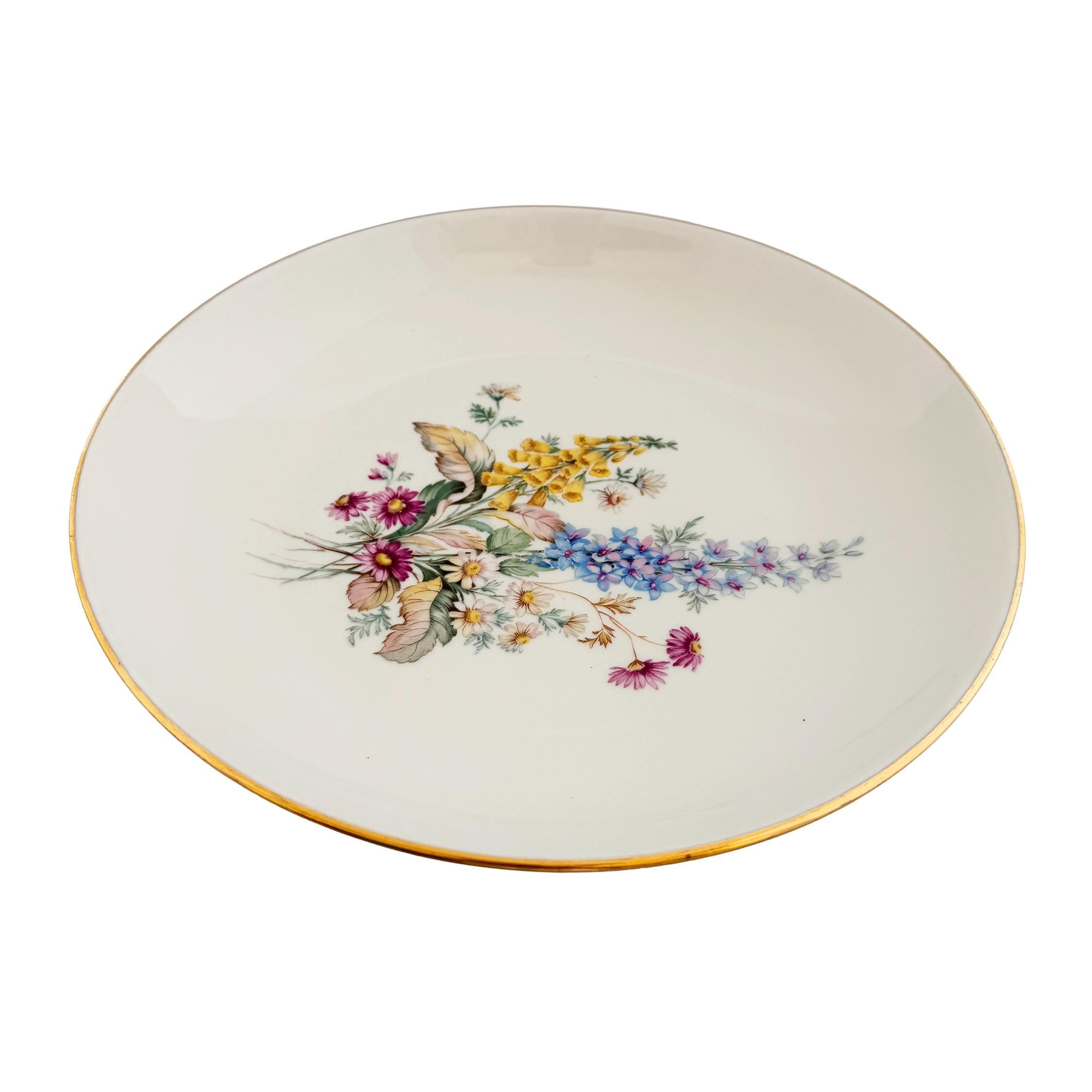 Vintage Veritable Porcelain Wildflower Gold Rim Serving Bowl 11.5"