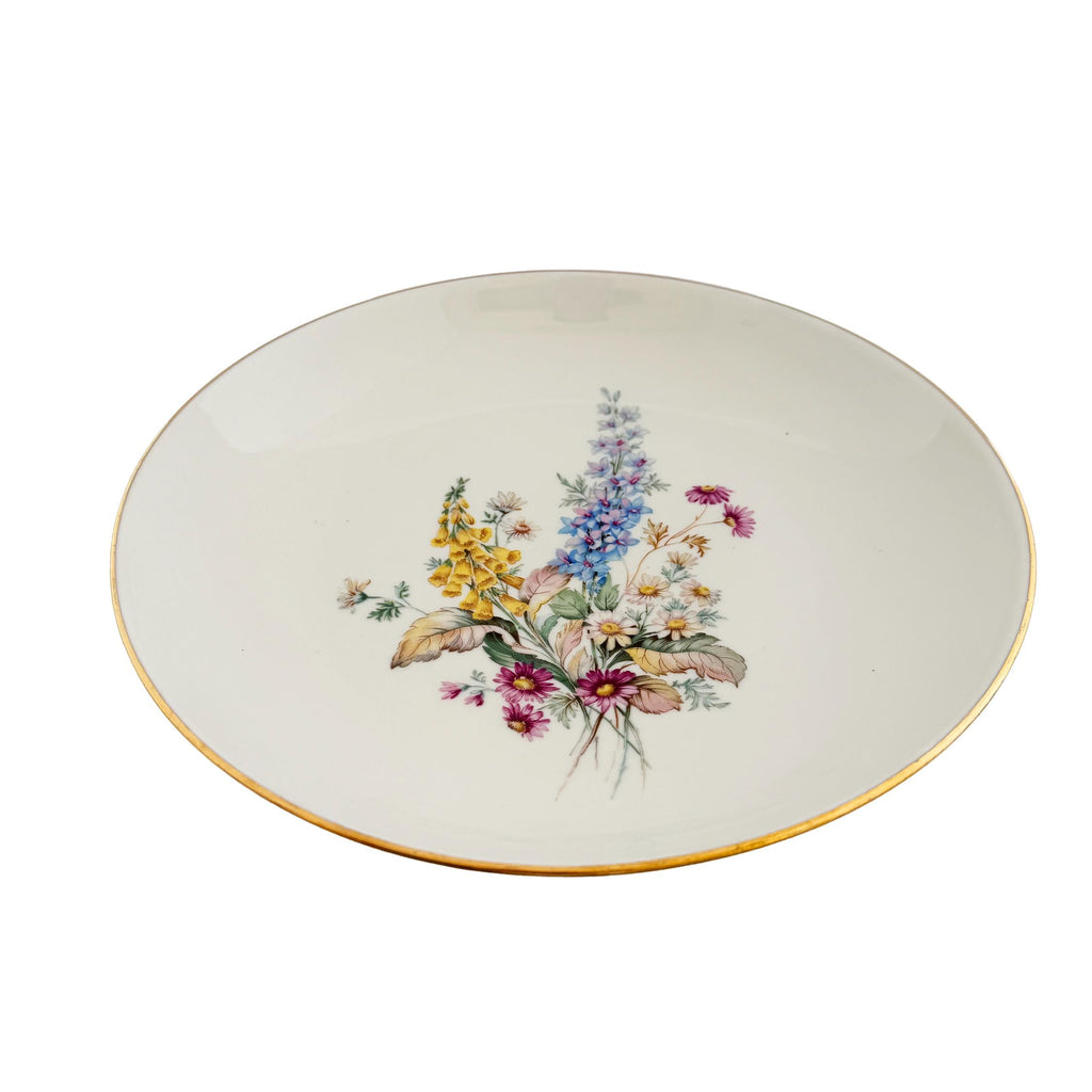 Vintage Veritable Porcelain Wildflower Gold Rim Serving Bowl 11.5"