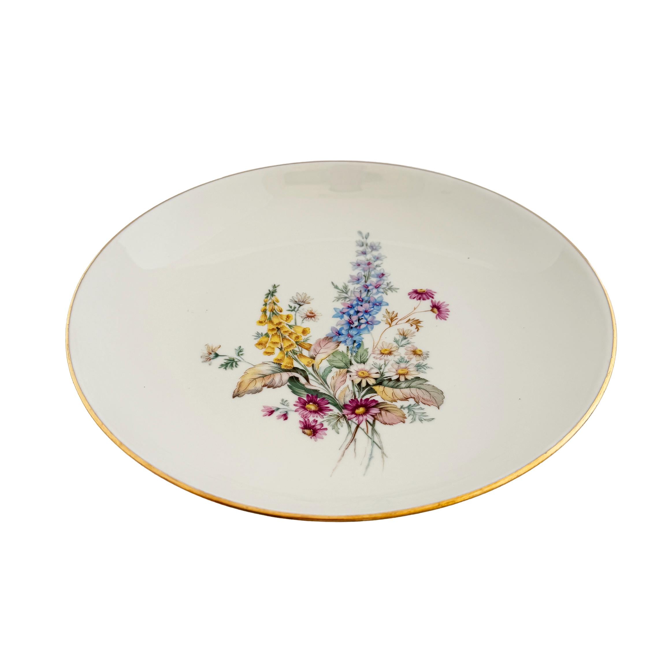 Vintage Veritable Porcelain Wildflower Gold Rim Serving Bowl 11.5"