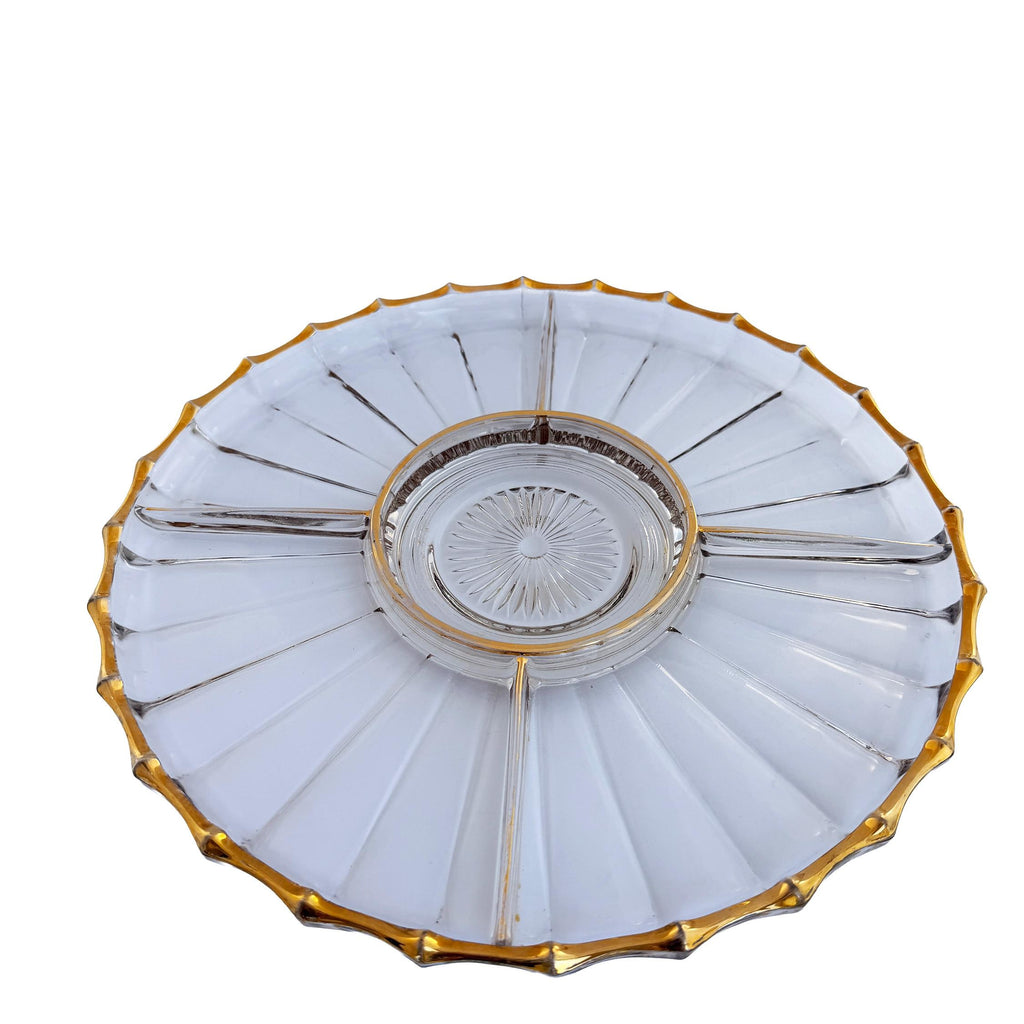 Vintage Gold Trim Pressed Glass Relish Tray 13" | Mid Century Divided Serving Platter | Retro Decor