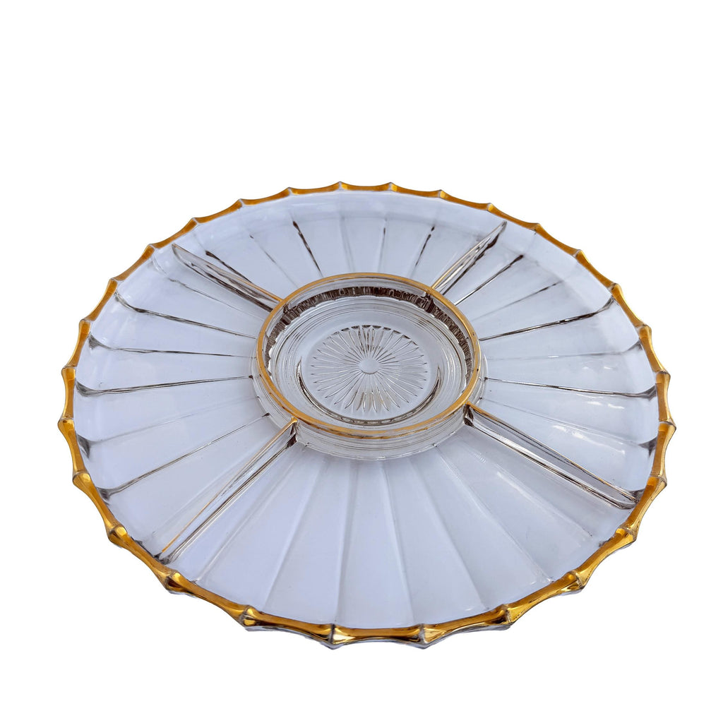 Vintage Gold Trim Pressed Glass Relish Tray 13" | Mid Century Divided Serving Platter | Retro Decor
