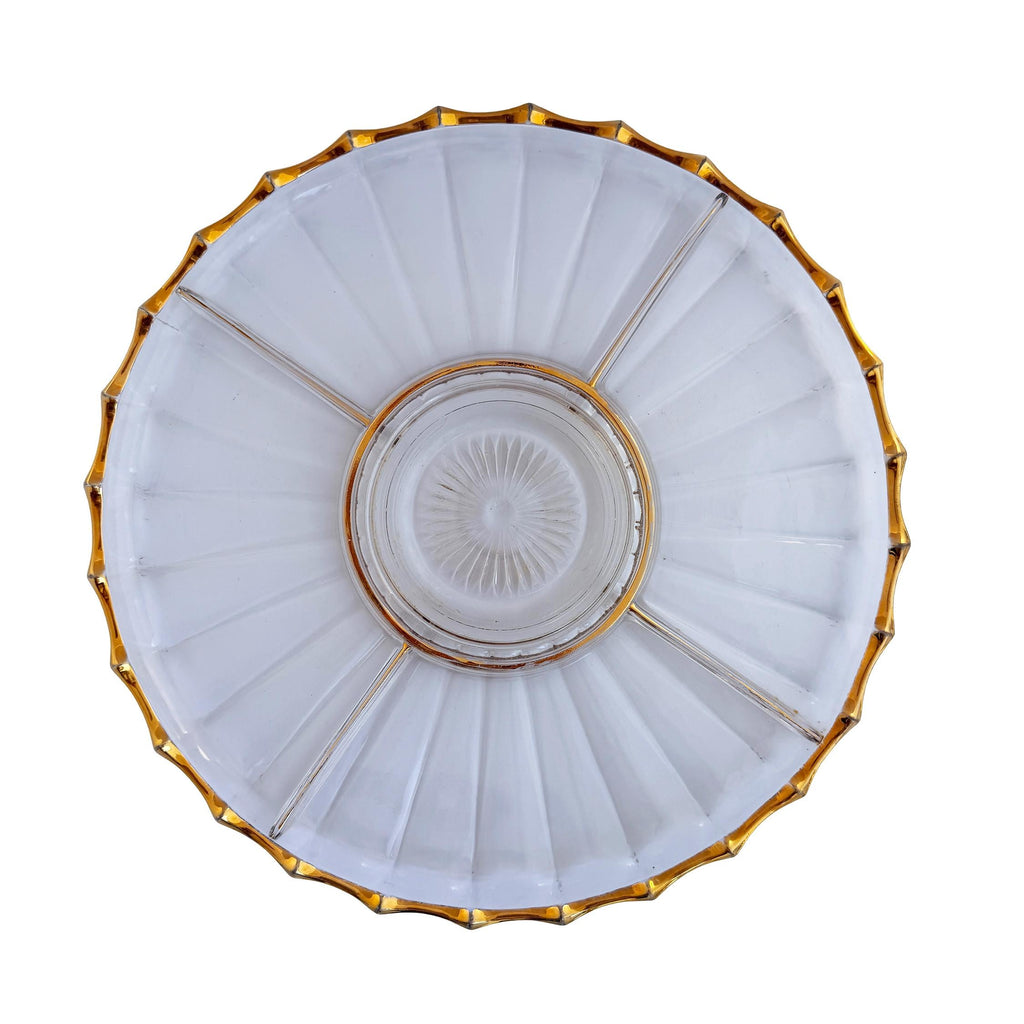 Vintage Gold Trim Pressed Glass Relish Tray 13" | Mid Century Divided Serving Platter | Retro Decor