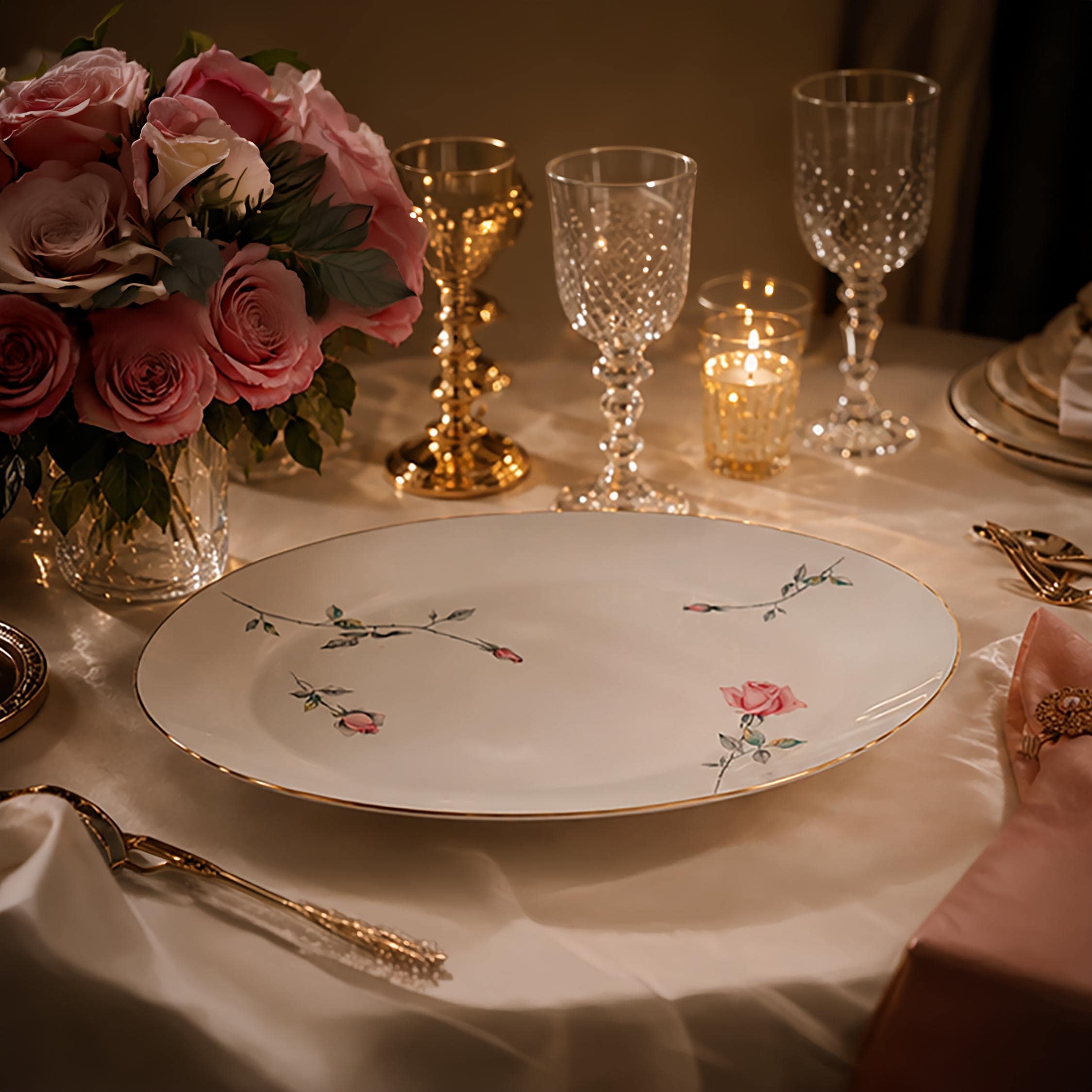 Vintage Sango Etude Pink Rose Oval Serving Platter 16"x12"