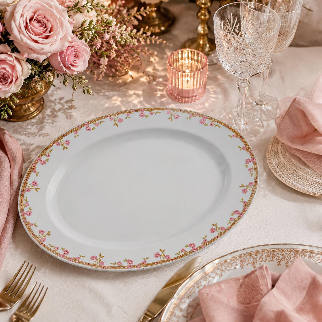 Antique J&C Bavaria Oval Serving Platter 14" | Pink Rose Gold Greek Key | Jaeger & Co China