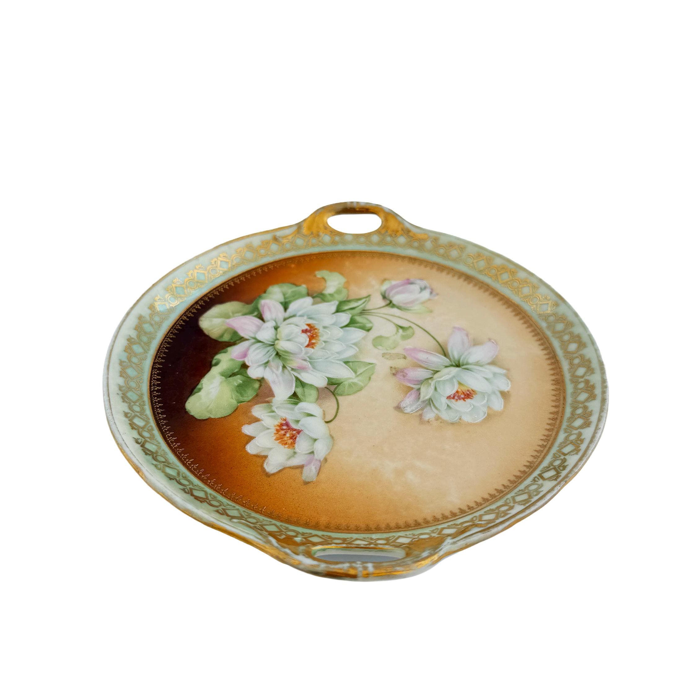 Hand Painted Water Lily Porcelain Handled Cake Plate 8" | Made in Germany | Antique Floral China