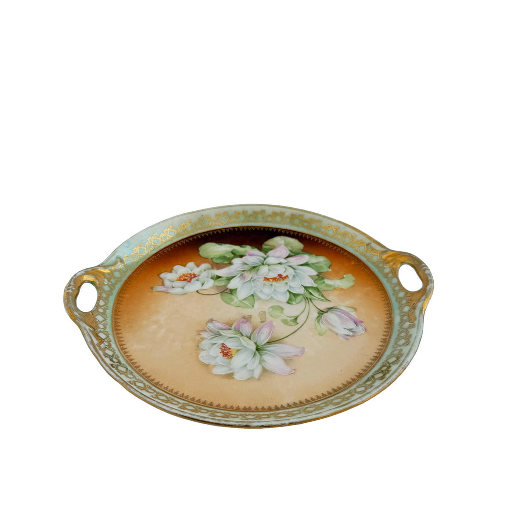 Hand Painted Water Lily Porcelain Handled Cake Plate 8" | Made in Germany | Antique Floral China