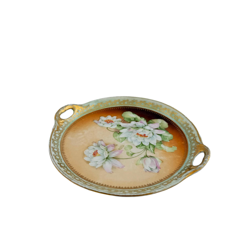 Hand Painted Water Lily Porcelain Handled Cake Plate 8" | Made in Germany | Antique Floral China