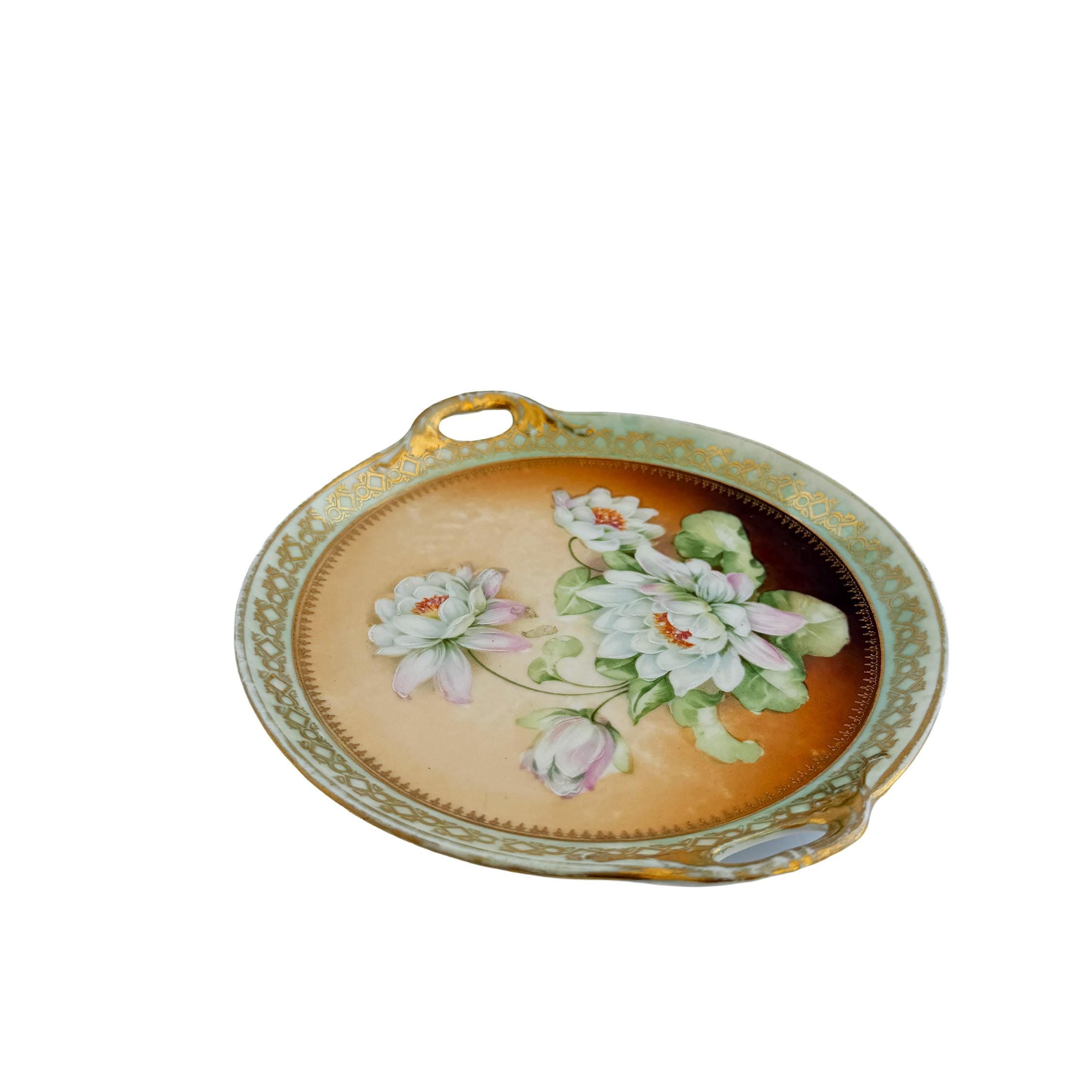 Hand Painted Water Lily Porcelain Handled Cake Plate 8" | Made in Germany | Antique Floral China