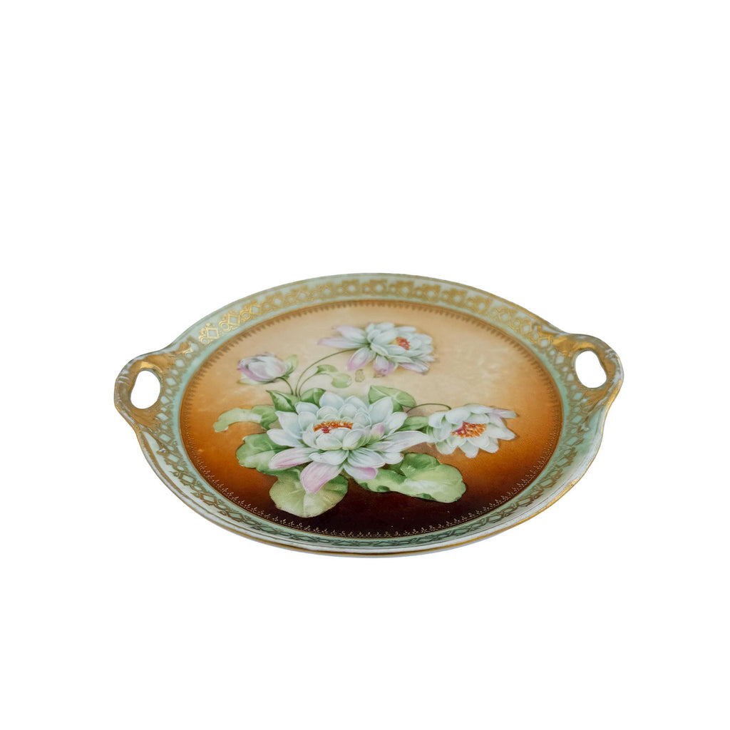 Hand Painted Water Lily Porcelain Handled Cake Plate 8" | Made in Germany | Antique Floral China