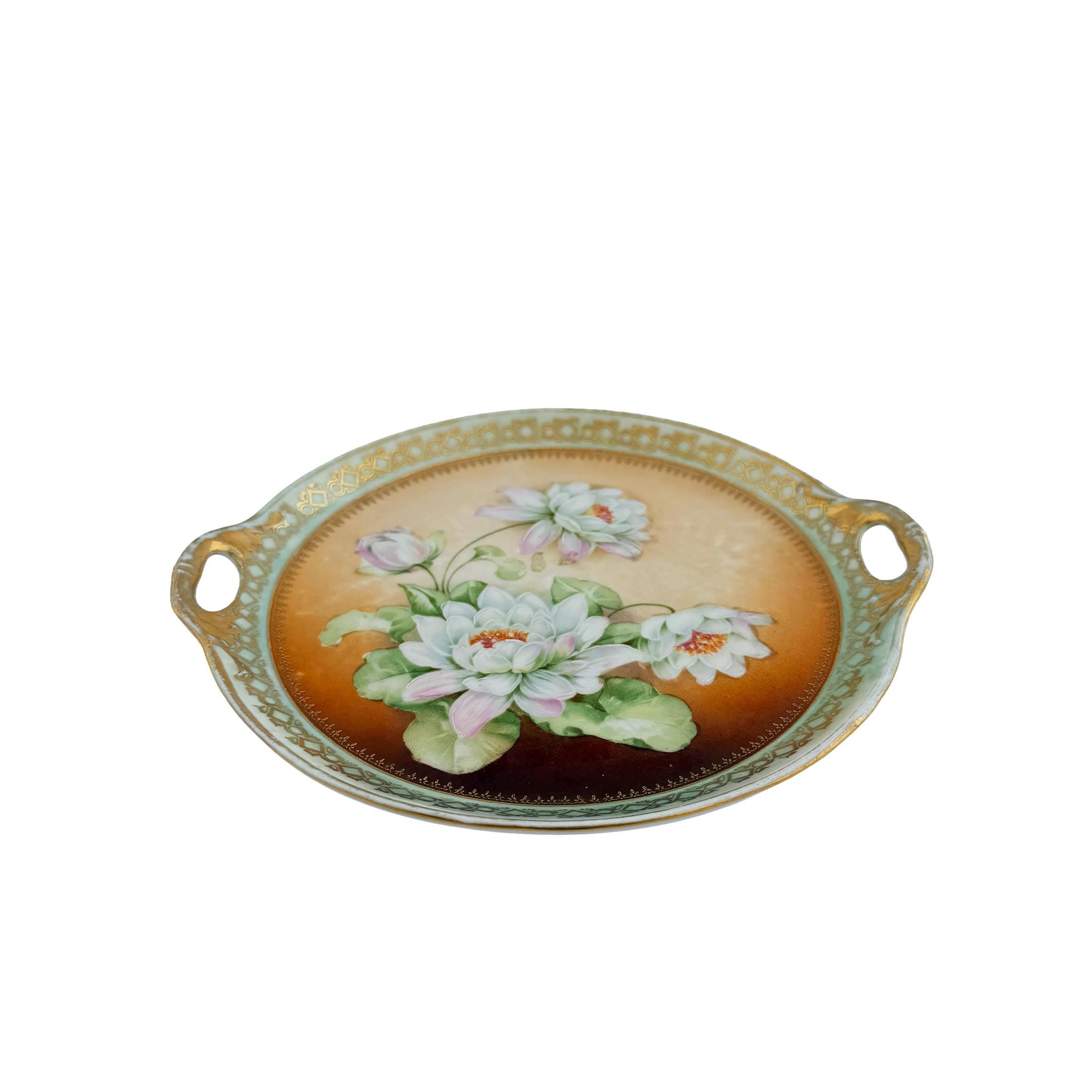 Hand Painted Water Lily Porcelain Handled Cake Plate 8" | Made in Germany | Antique Floral China