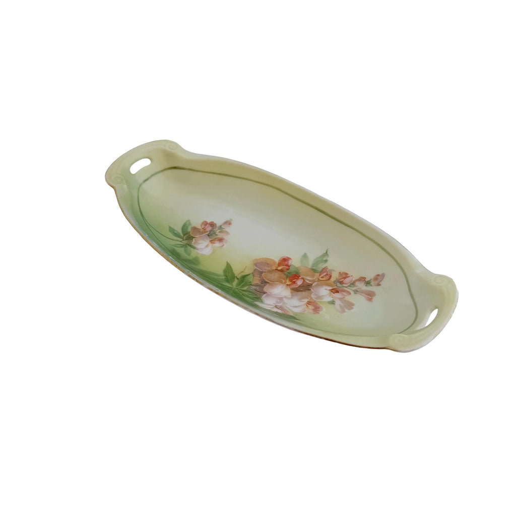 Antique RS Tillowitz Silesia Porcelain Handled Tray 8.5" | Art Nouveau Green Floral | Collector Piece