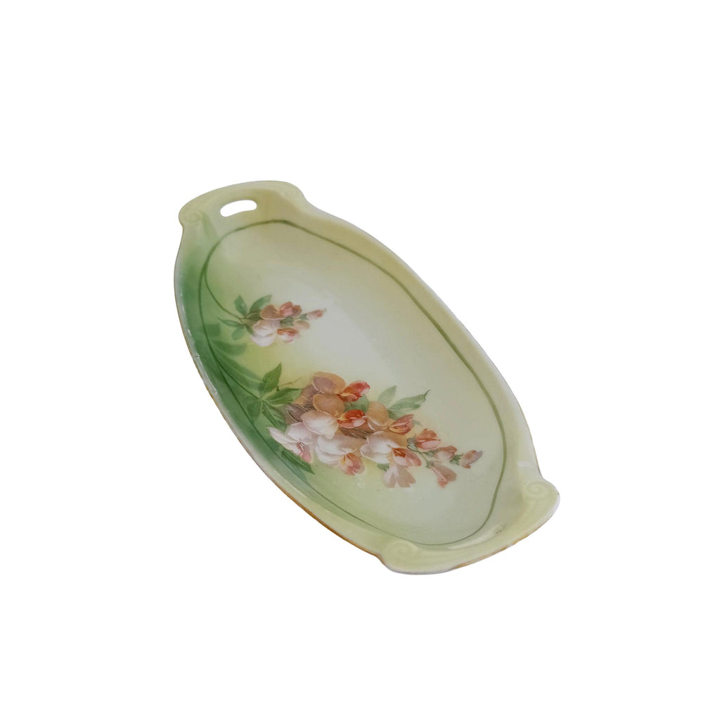 Antique RS Tillowitz Silesia Porcelain Handled Tray 8.5" | Art Nouveau Green Floral | Collector Piece