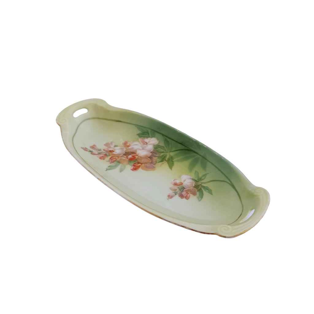Antique RS Tillowitz Silesia Porcelain Handled Tray 8.5" | Art Nouveau Green Floral | Collector Piece