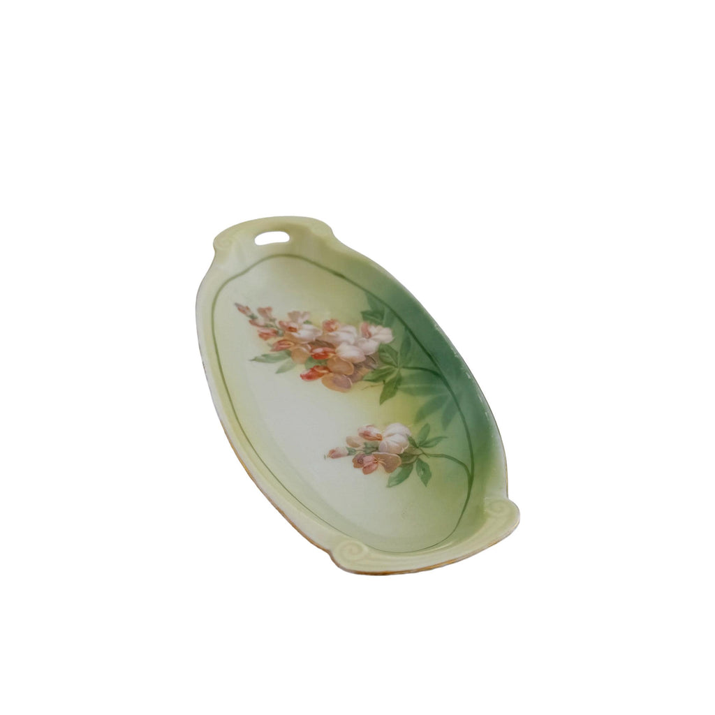 Antique RS Tillowitz Silesia Porcelain Handled Tray 8.5" | Art Nouveau Green Floral | Collector Piece