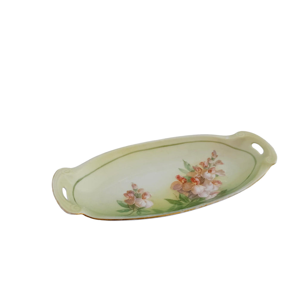 Antique RS Tillowitz Silesia Porcelain Handled Tray 8.5" | Art Nouveau Green Floral | Collector Piece