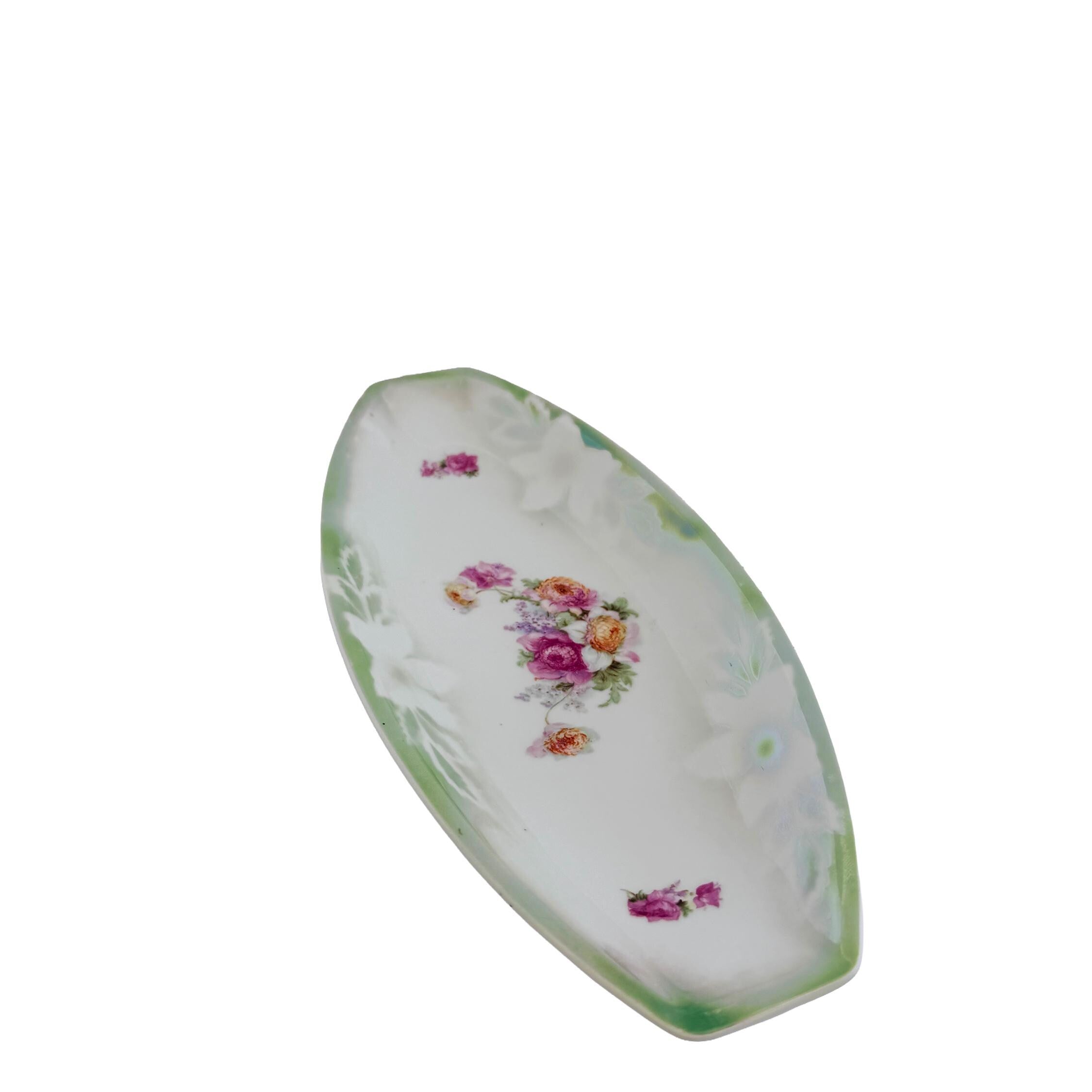 Vintage PK Unity Germany Green Floral Porcelain Serving Tray 11.5" | Antique Entertaining Decor