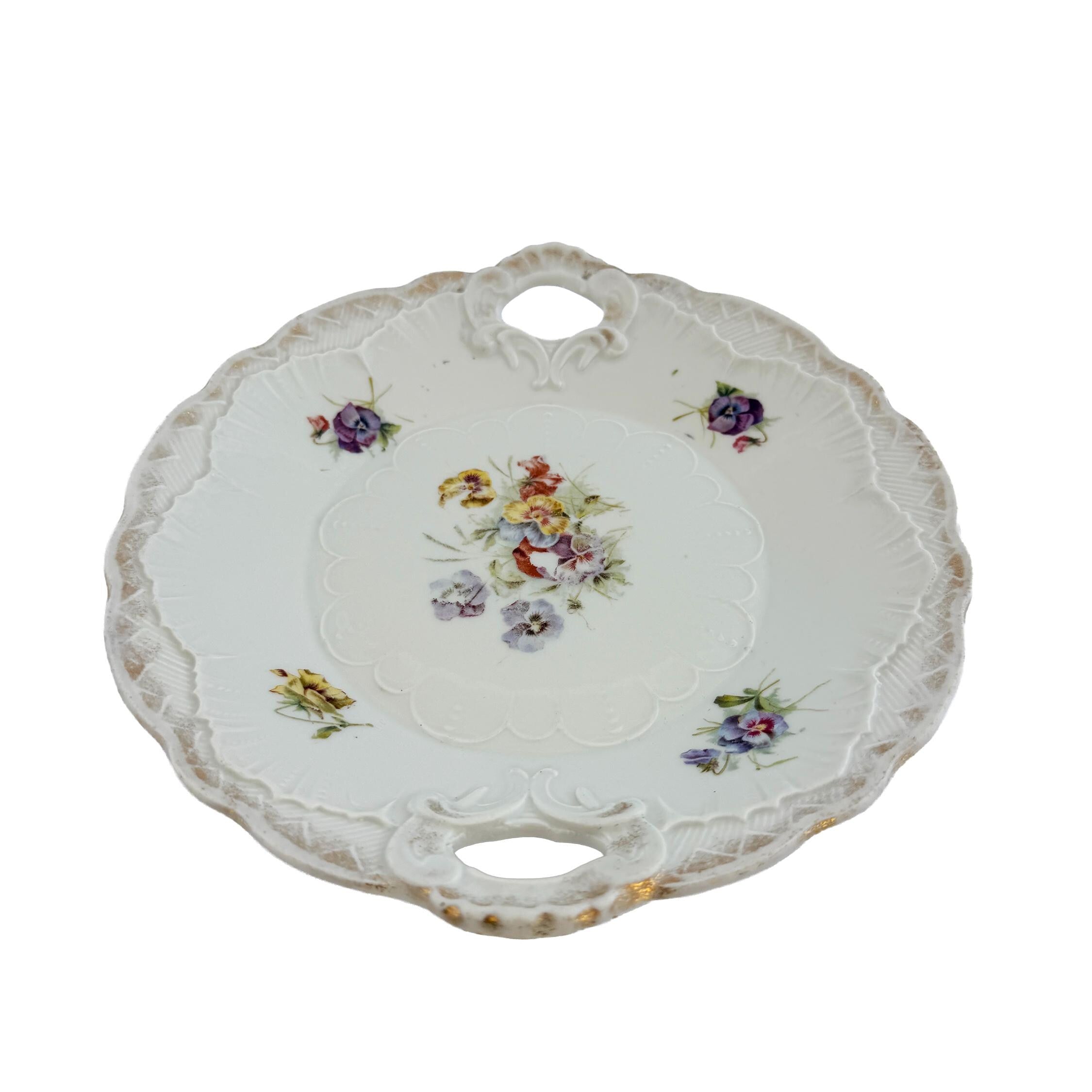 Antique White Floral Porcelain Handled Cake Plate 9" | Early 20th Century | Cottagecore Decor