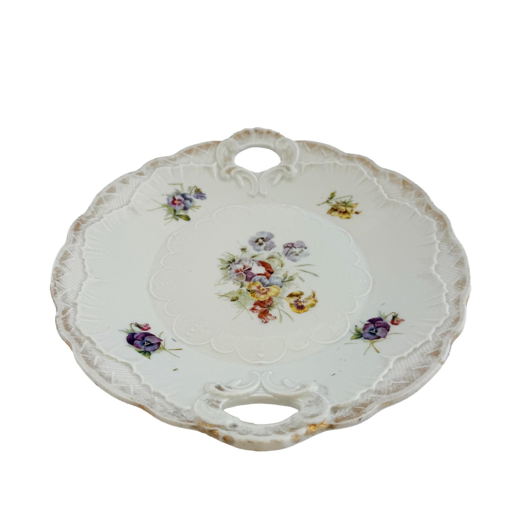 Antique White Floral Porcelain Handled Cake Plate 9" | Early 20th Century | Cottagecore Decor