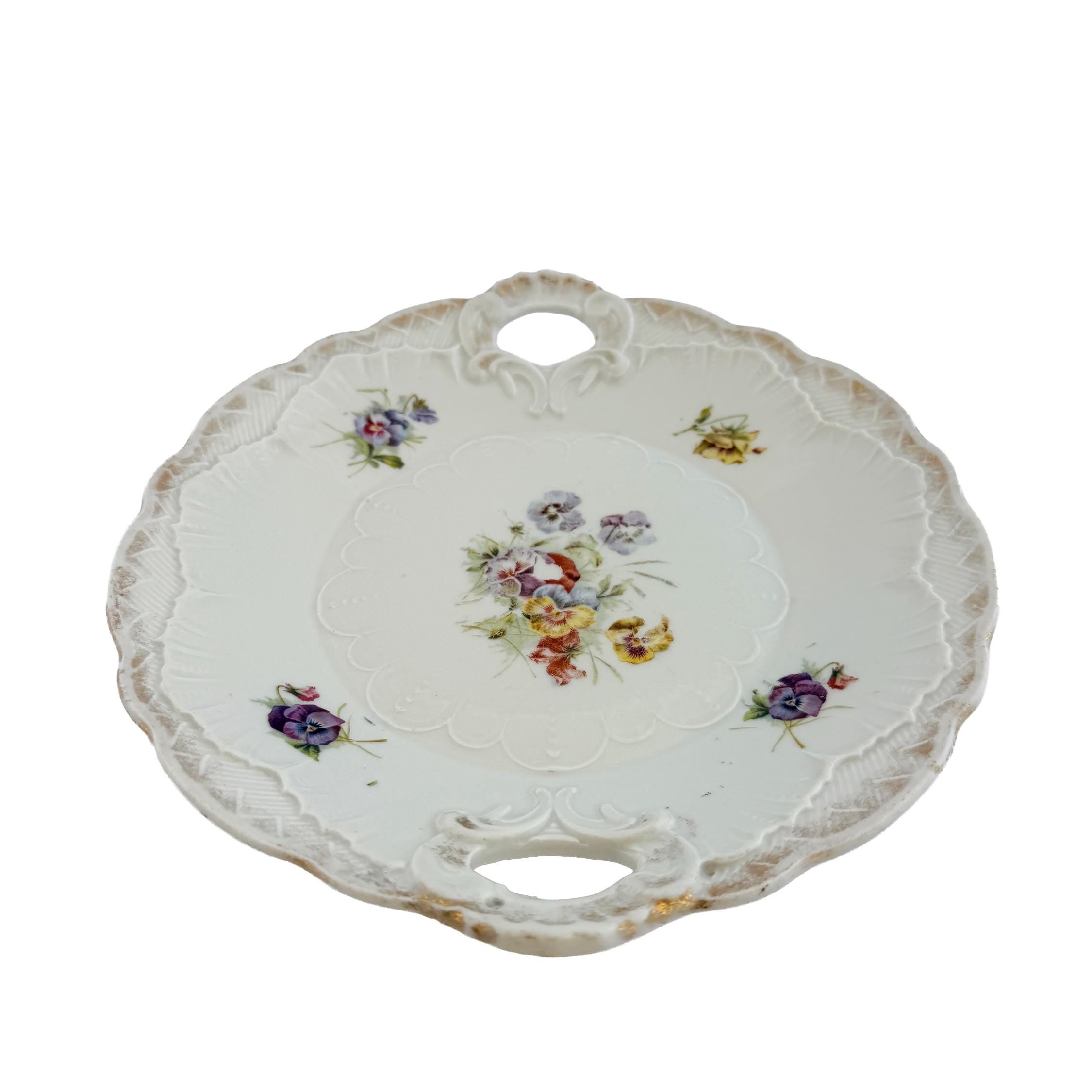 Antique White Floral Porcelain Handled Cake Plate 9" | Early 20th Century | Cottagecore Decor