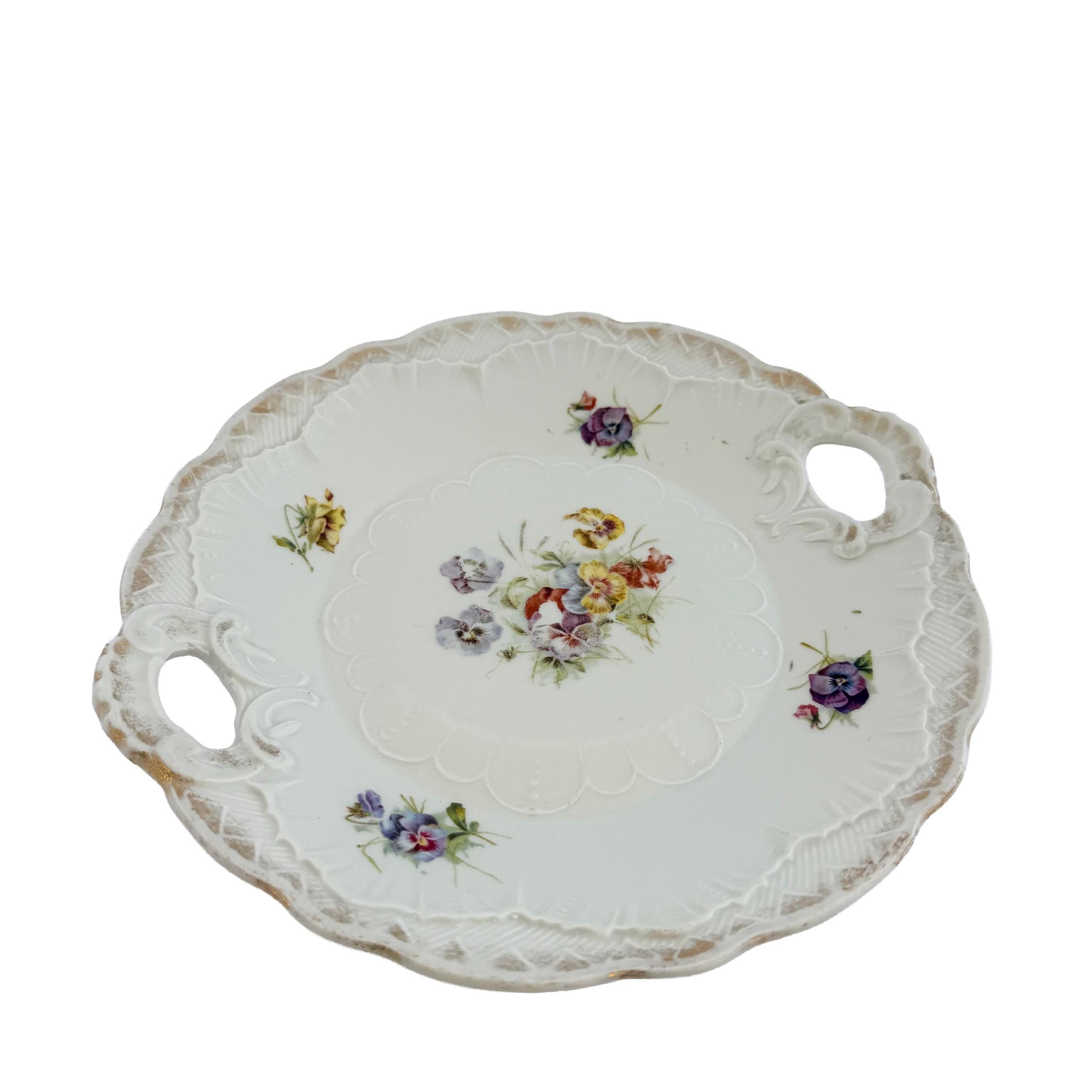 Antique White Floral Porcelain Handled Cake Plate 9" | Early 20th Century | Cottagecore Decor