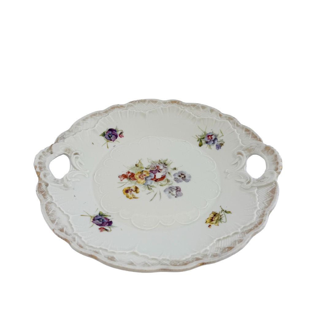 Antique White Floral Porcelain Handled Cake Plate 9" | Early 20th Century | Cottagecore Decor