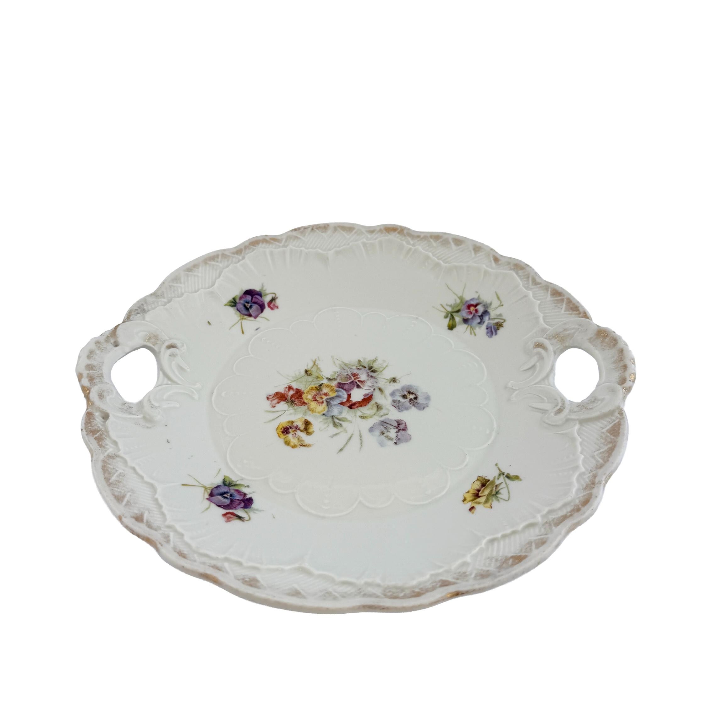 Antique White Floral Porcelain Handled Cake Plate 9" | Early 20th Century | Cottagecore Decor