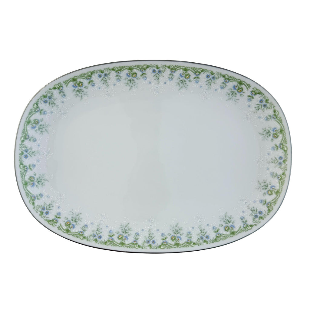 Vintage Noritake Dee Platter: Blue Green Floral Fine China Serving Dish (13"x9")