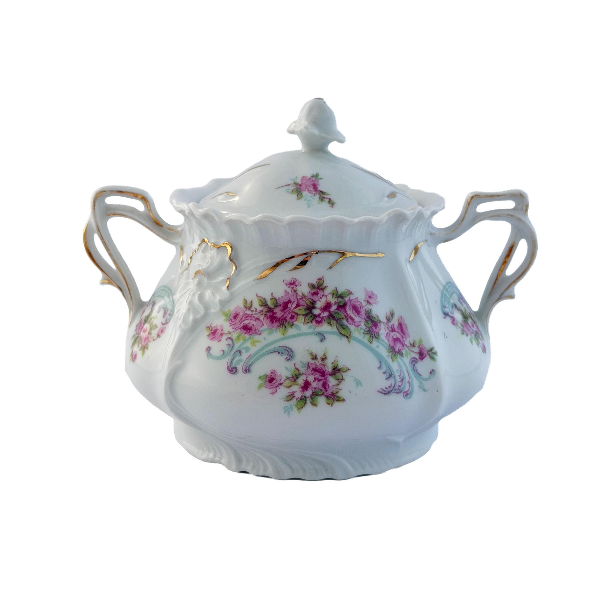 Early 20th Century Pink Rose Porcelain Lidded Sugar Bowl with Gold Trim