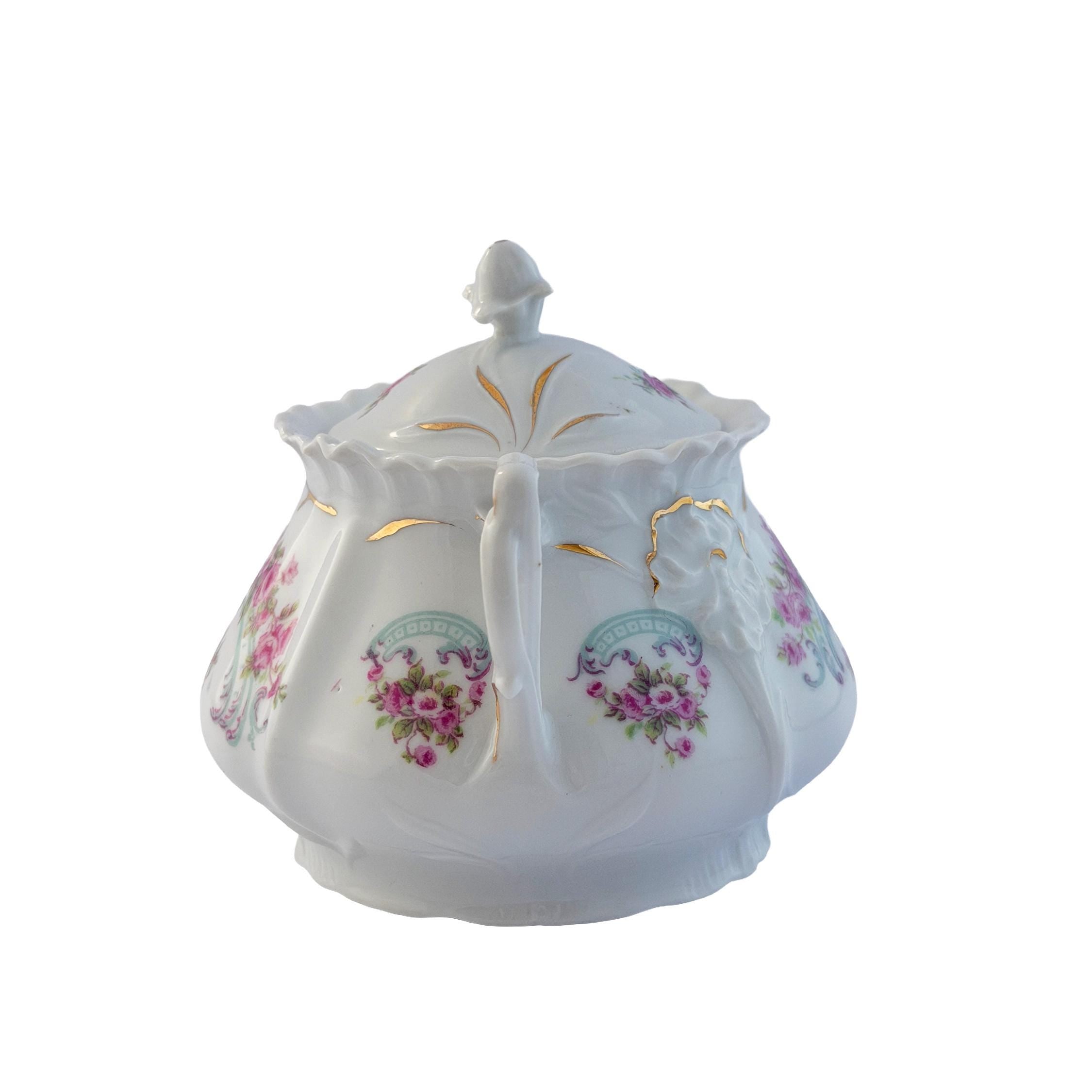 Early 20th Century Pink Rose Porcelain Lidded Sugar Bowl with Gold Trim