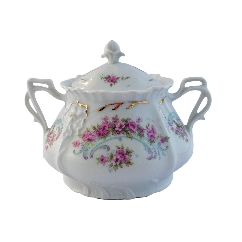 Early 20th Century Pink Rose Porcelain Lidded Sugar Bowl with Gold Trim