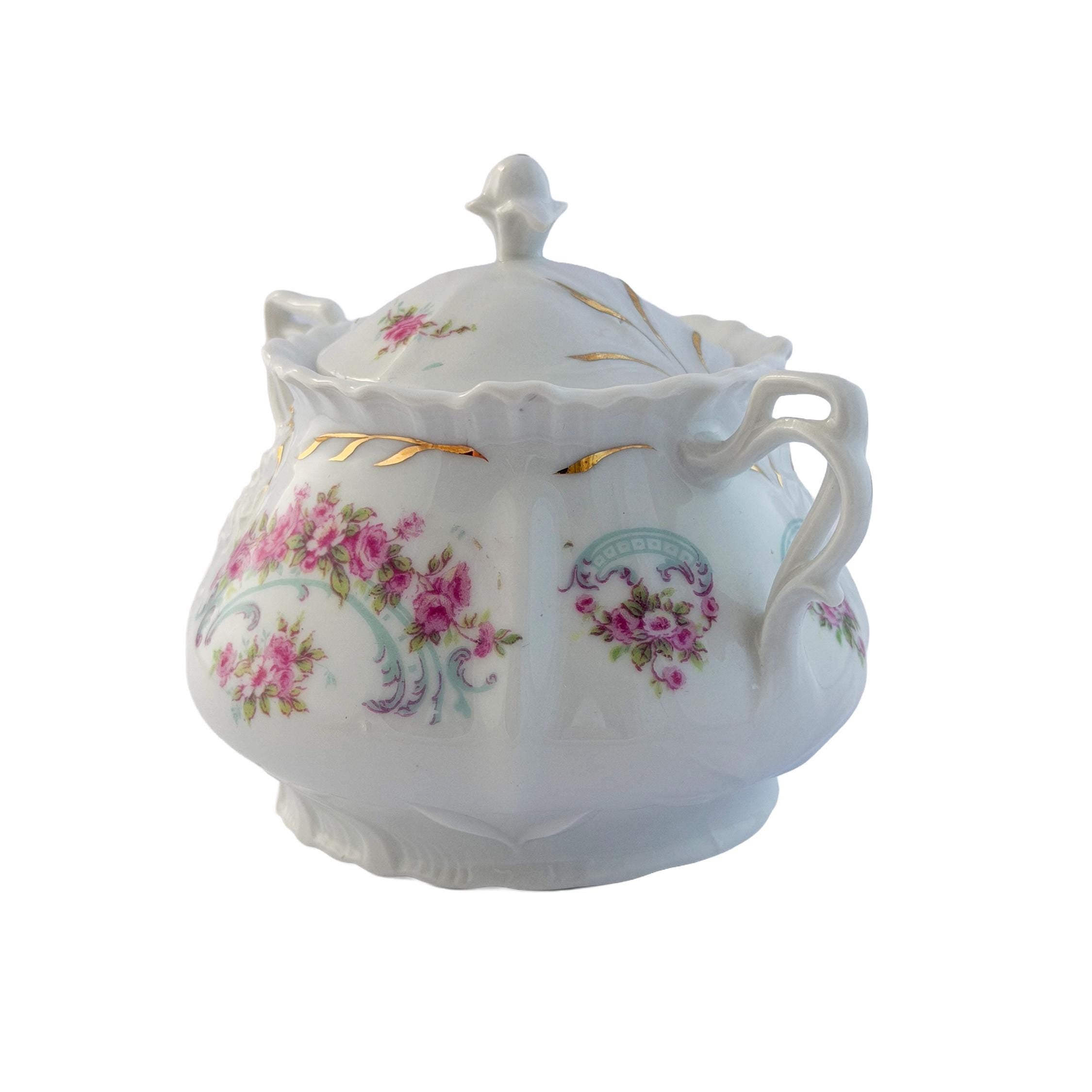 Early 20th Century Pink Rose Porcelain Lidded Sugar Bowl with Gold Trim