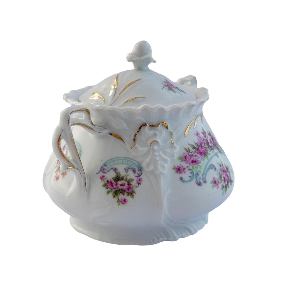 Early 20th Century Pink Rose Porcelain Lidded Sugar Bowl with Gold Trim