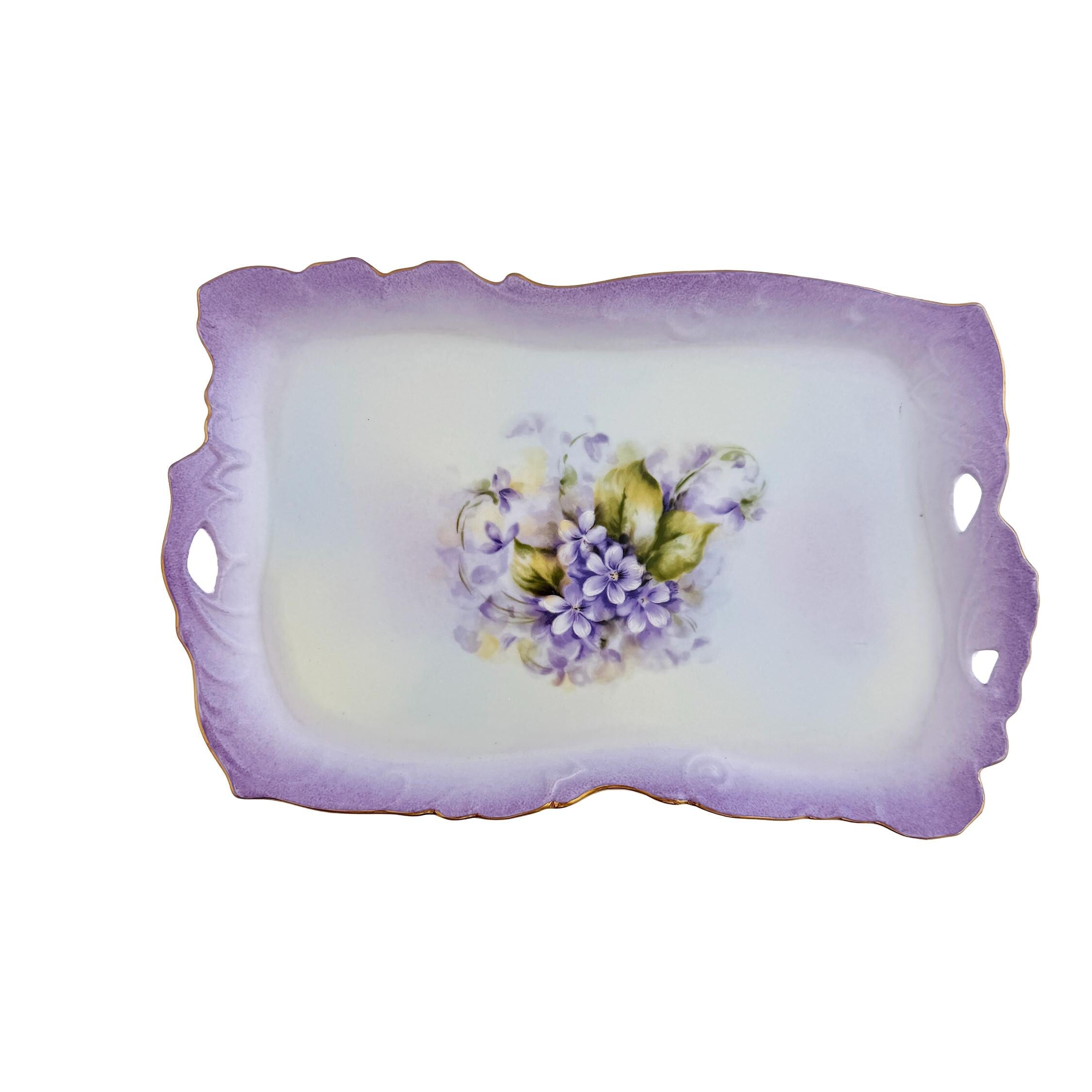 Vintage Porcelain Treasures Betty Platner Purple Floral Hand Decorated Serving Tray 10"x6.5"x.75"