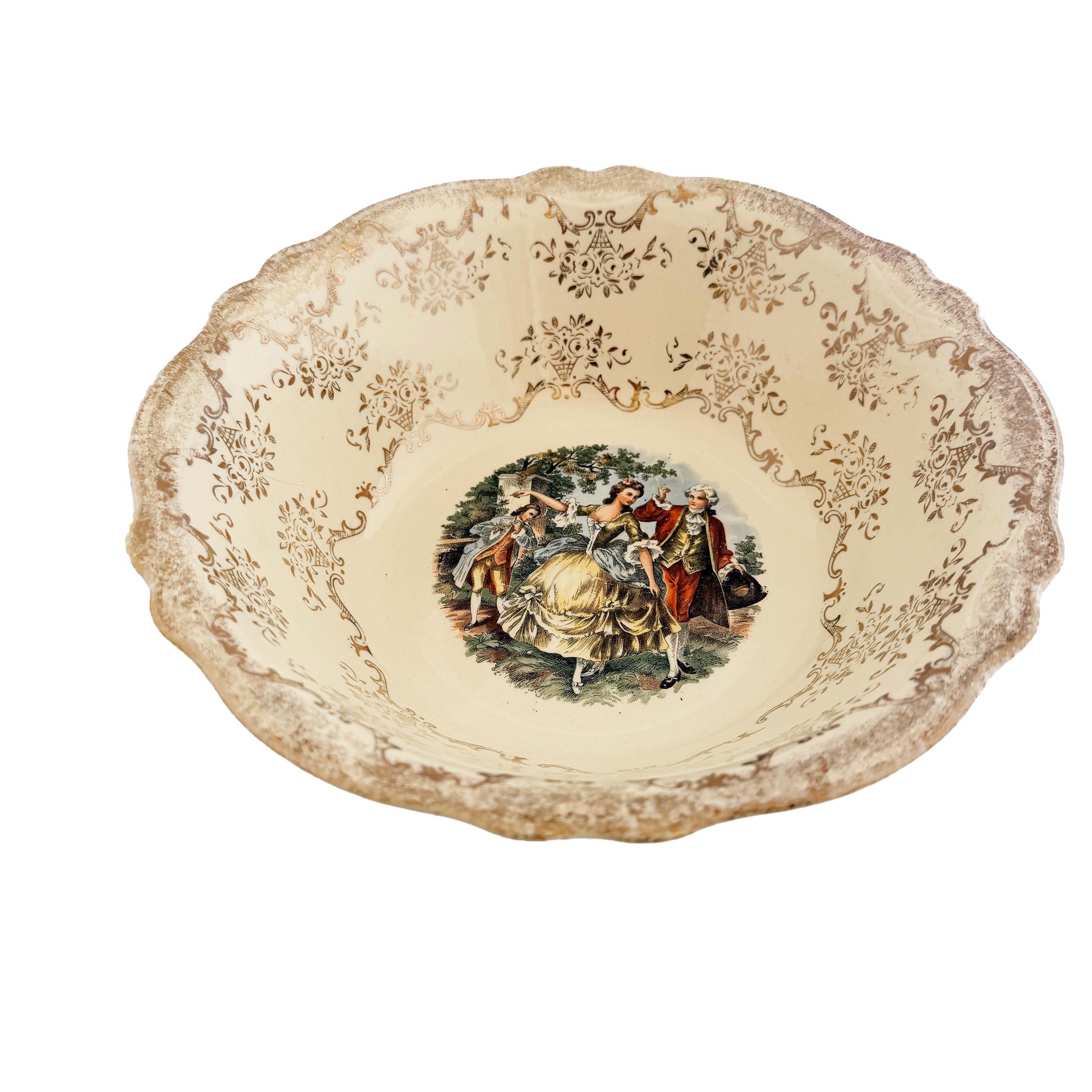 Homer Laughlin Virginia Rose Serving Bowl: 1945 Colonial Couple, 22 KT Gold Trim