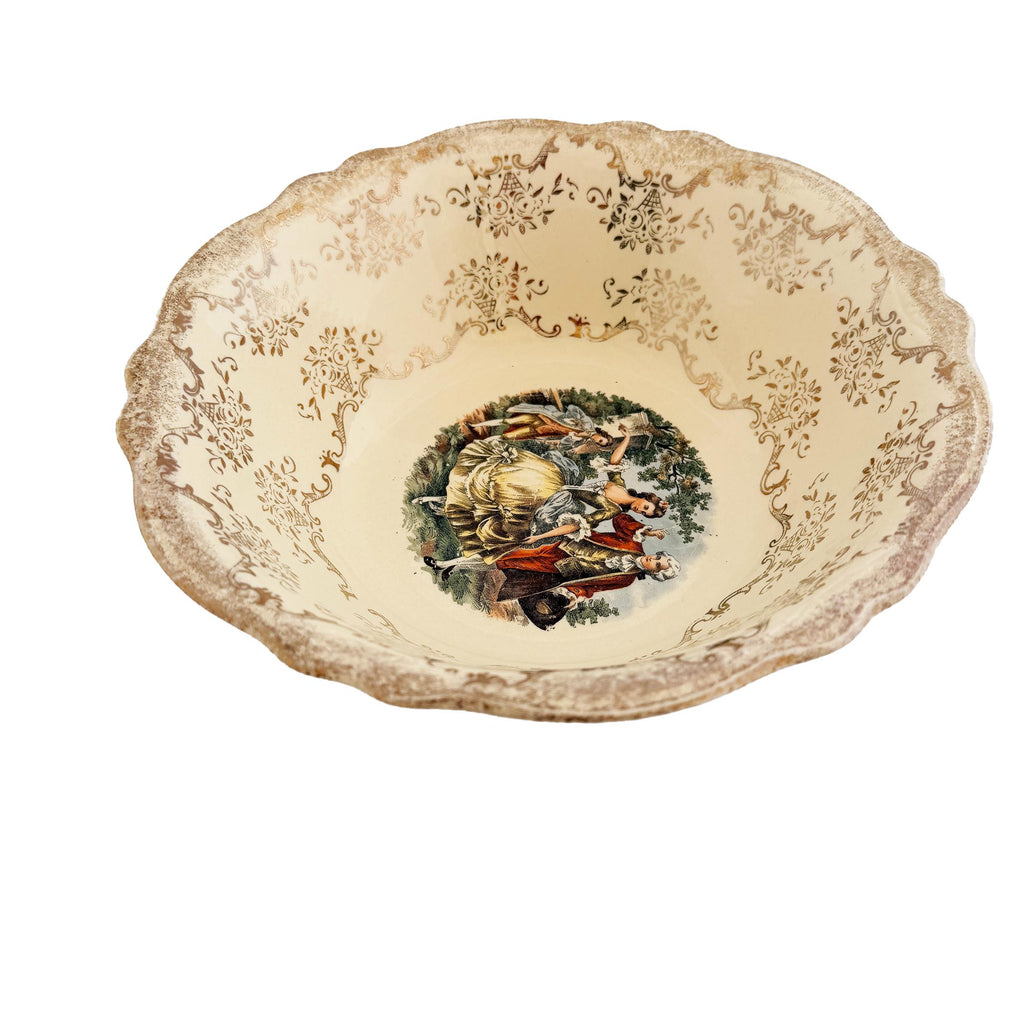Homer Laughlin Virginia Rose Serving Bowl: 1945 Colonial Couple, 22 KT Gold Trim