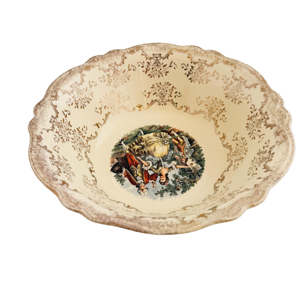 Homer Laughlin Virginia Rose Serving Bowl: 1945 Colonial Couple, 22 KT Gold Trim
