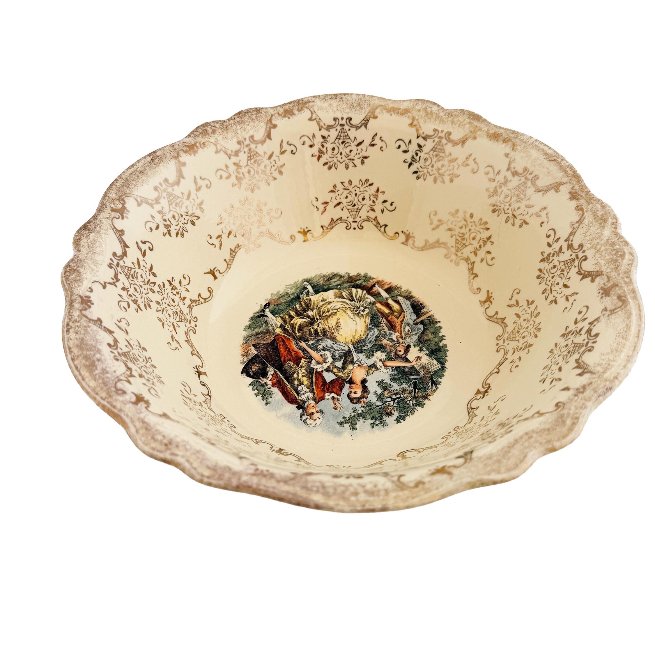Homer Laughlin Virginia Rose Serving Bowl: 1945 Colonial Couple, 22 KT Gold Trim