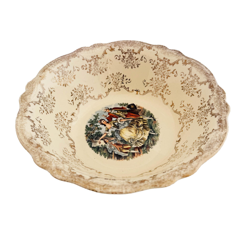 Homer Laughlin Virginia Rose Serving Bowl: 1945 Colonial Couple, 22 KT Gold Trim