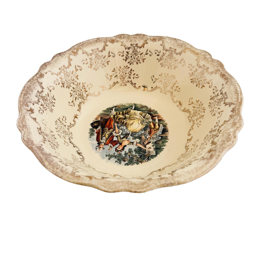 Homer Laughlin Virginia Rose Serving Bowl: 1945 Colonial Couple, 22 KT Gold Trim