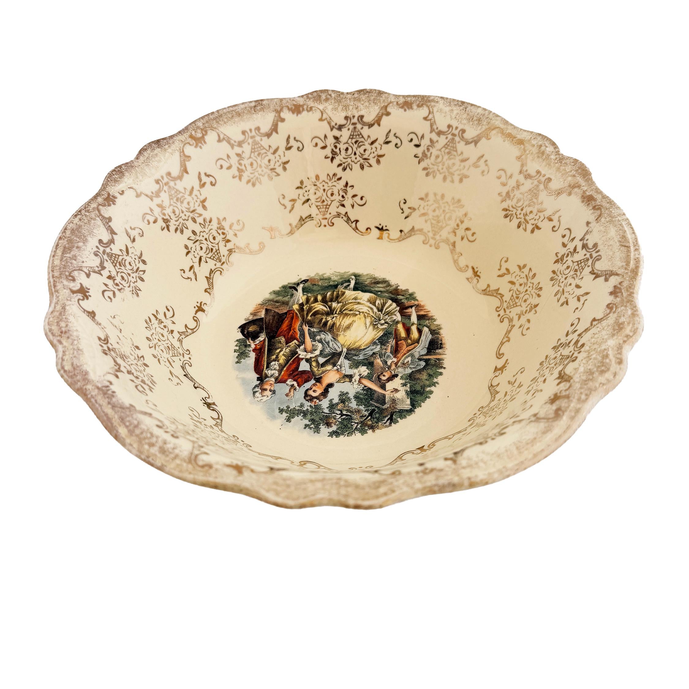 Homer Laughlin Virginia Rose Serving Bowl: 1945 Colonial Couple, 22 KT Gold Trim