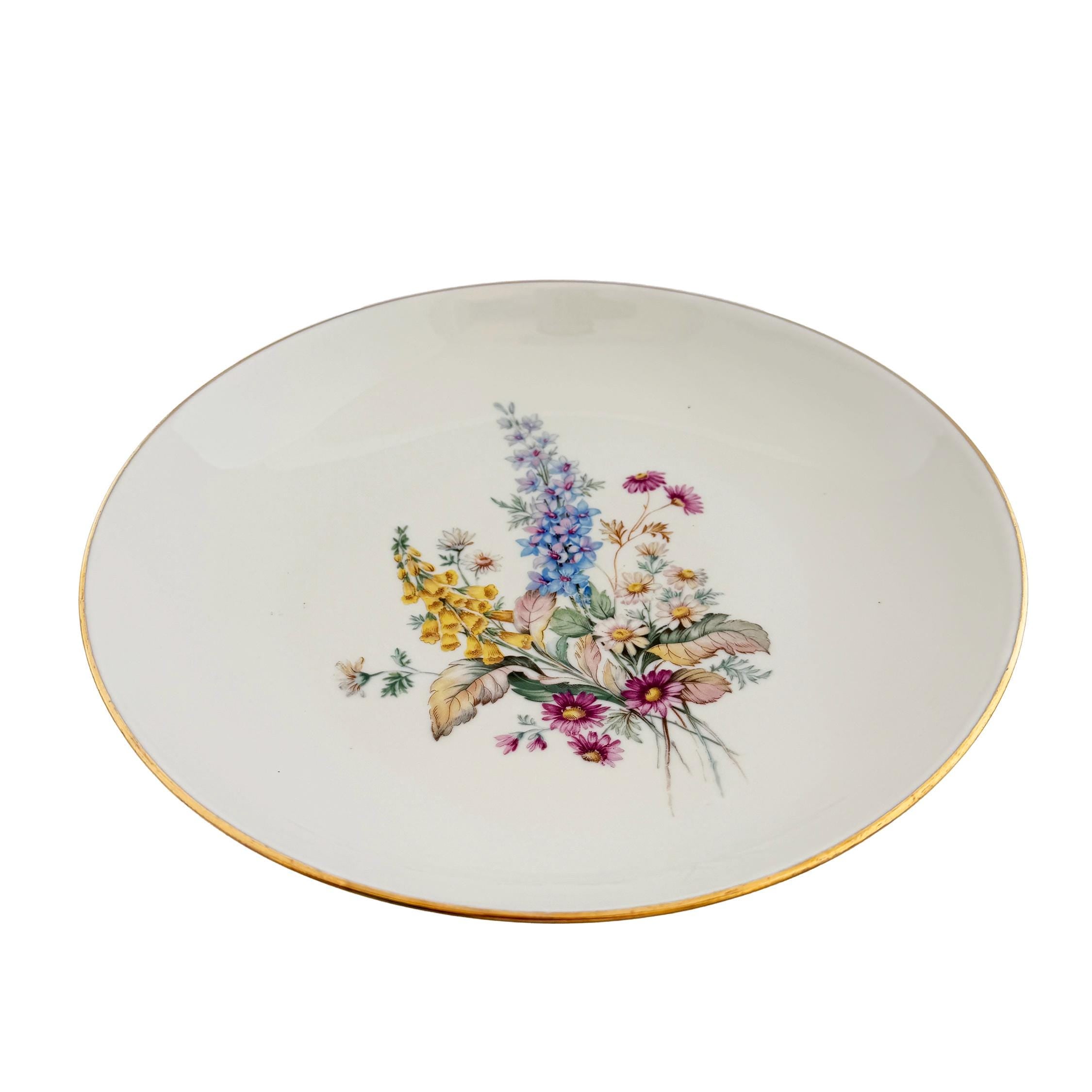 Vintage Veritable Porcelain Wildflower Gold Rim Serving Bowl 11.5"