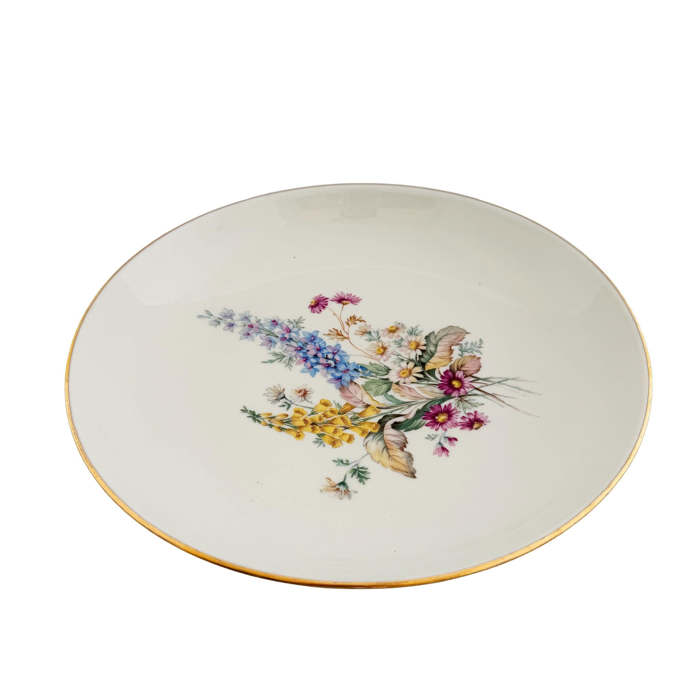Vintage Veritable Porcelain Wildflower Gold Rim Serving Bowl 11.5"