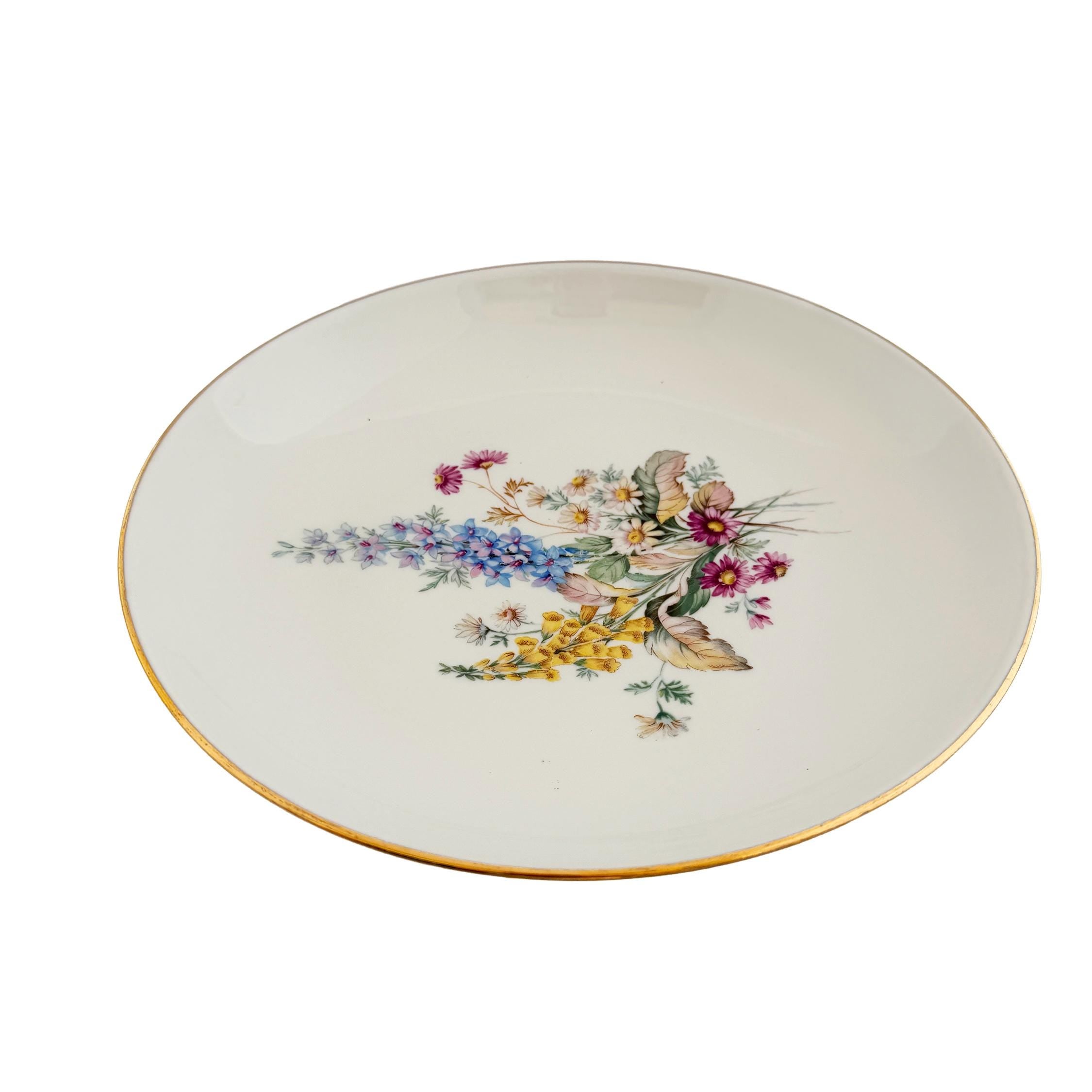 Vintage Veritable Porcelain Wildflower Gold Rim Serving Bowl 11.5"