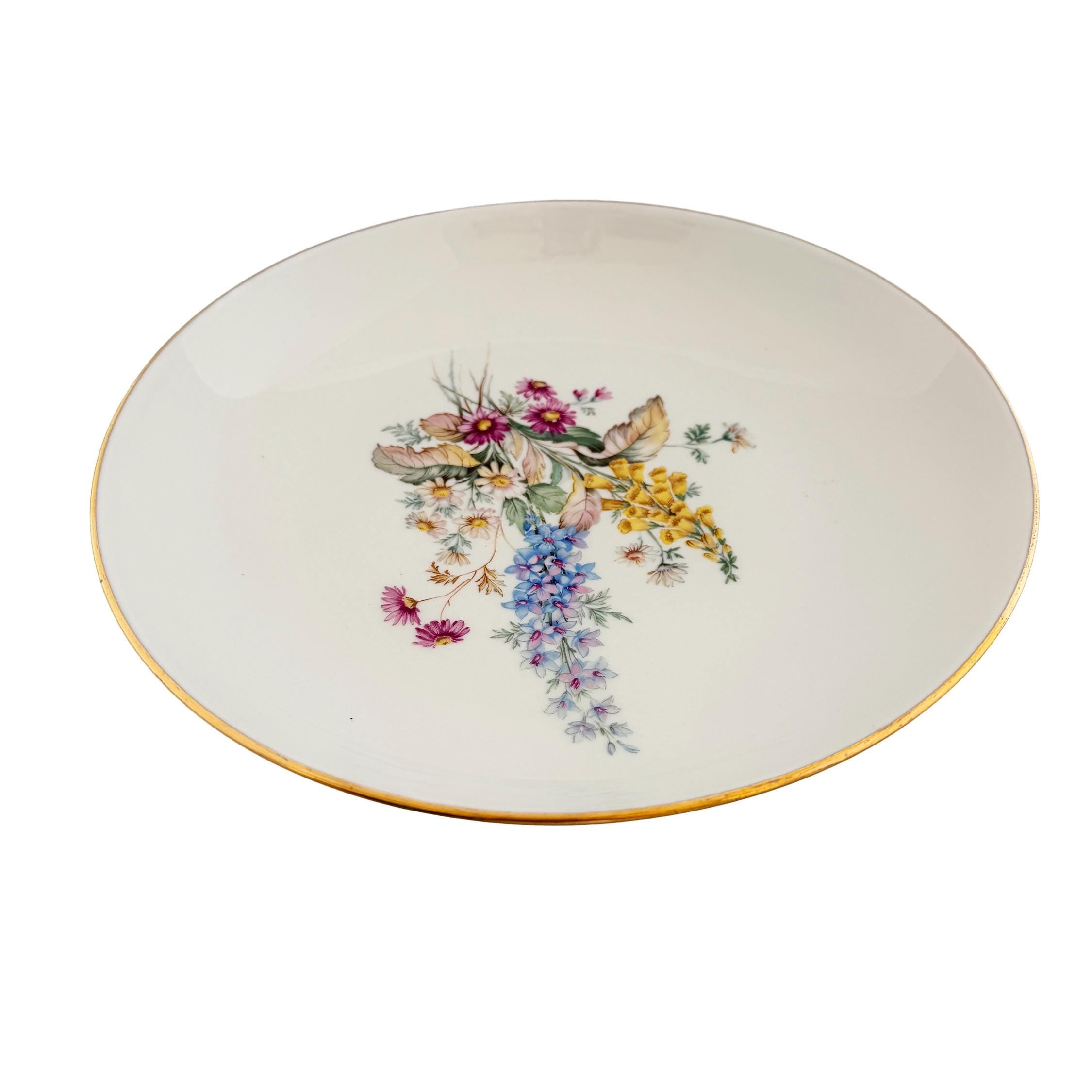 Vintage Veritable Porcelain Wildflower Gold Rim Serving Bowl 11.5"