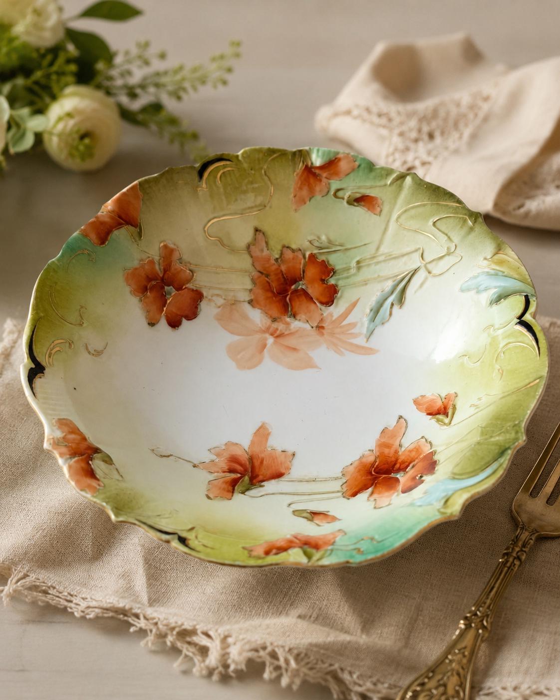 Antique MZ Austria Art Nouveau Porcelain Bowl | Hand Painted Floral Centerpiece | Early 20th Century