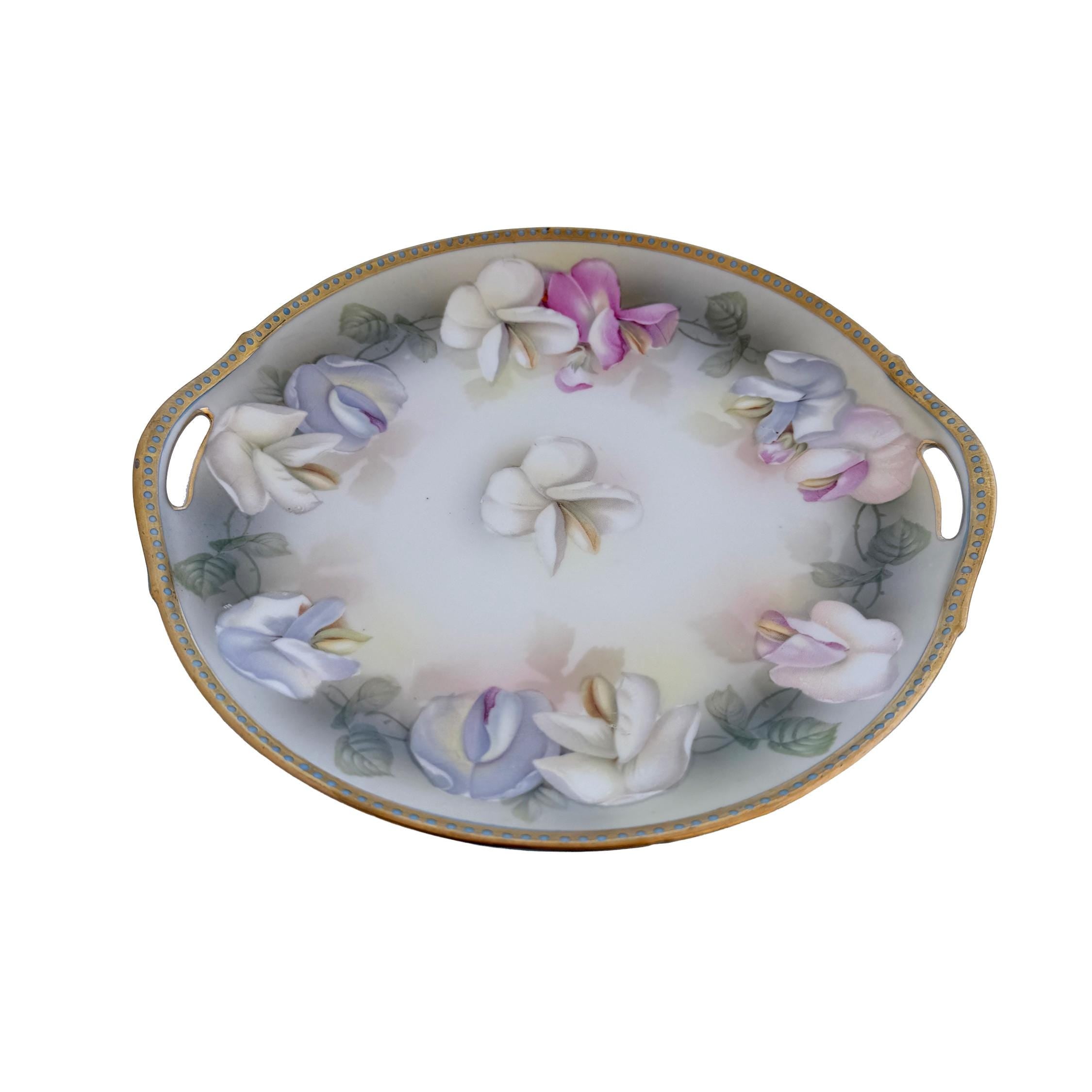 Antique RS Germany Porcelain Handled Cake Plate 10" | Pastel Floral Sweet Pea | Cottagecore China